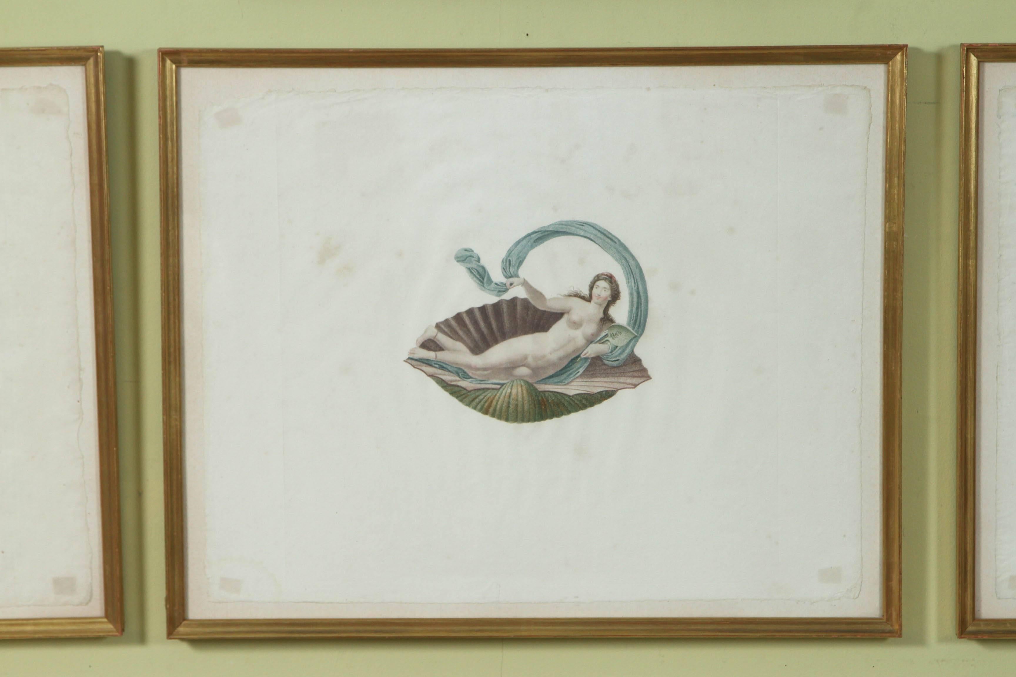 18th Century Set of Six French Color-Printed Neoclassical Engravings, circa 1795