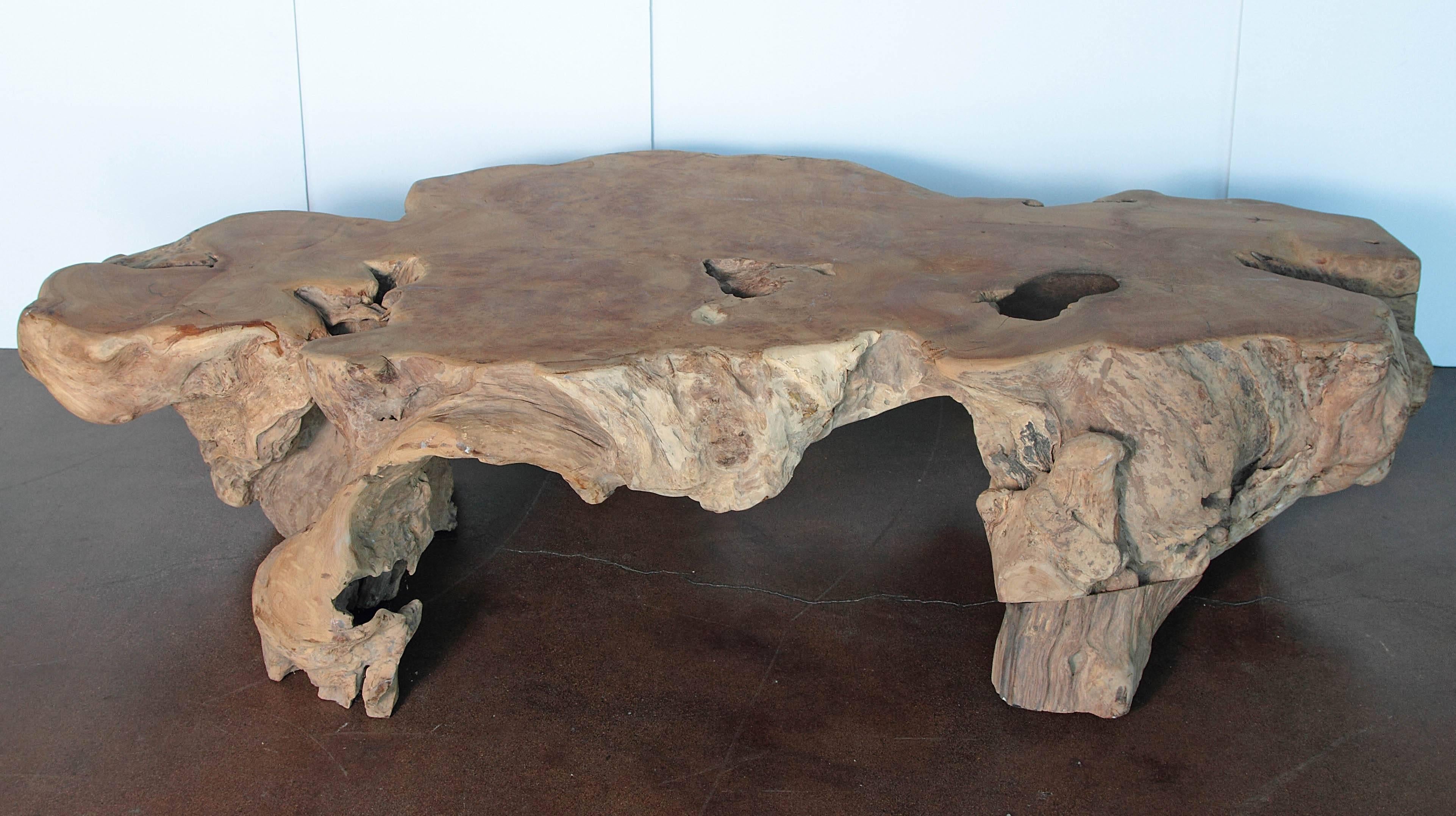 Organic teak coffee table. 

Natural, organic modern teak coffee table from a single 40-year-old teak slab from South Asia. This coffee table is one of kind with earthy texture and appeal. 

Teakwood extremely weather resistant, bug resistant,
