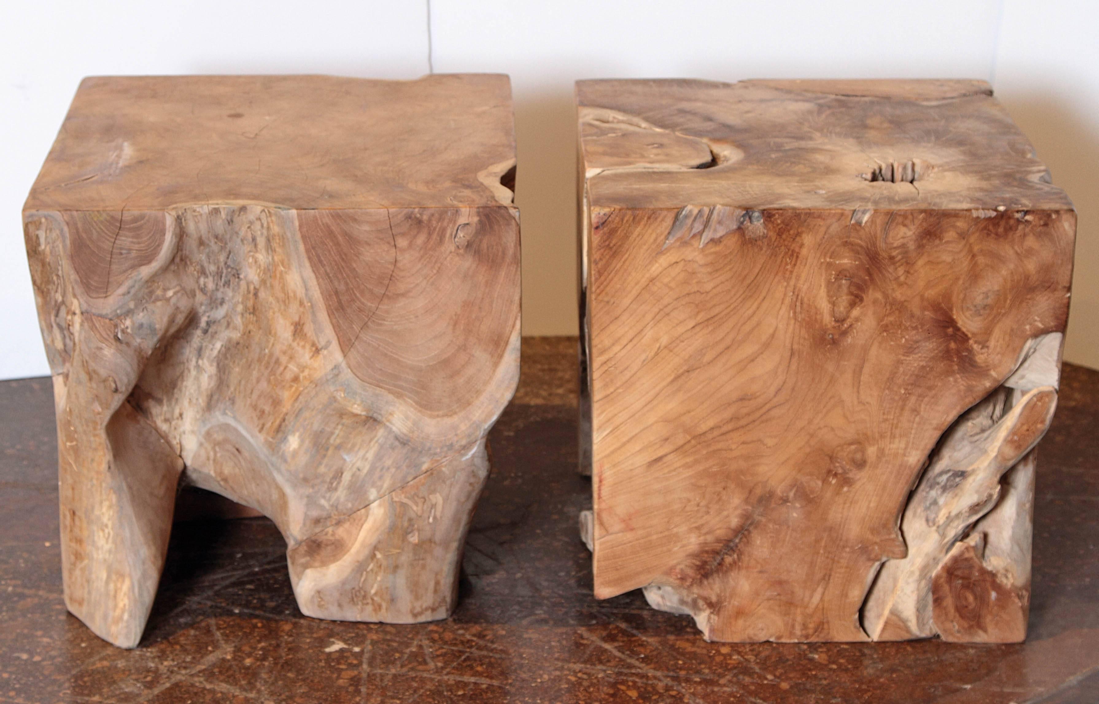 Modern organic teak end tables.
Pair of natural teak square shape end tables. 
Can be used indoor or outdoor. 

If outdoor, exposed to the sun, it will change coloration to naturally bleached wood. Teakwood extremely weather resistant, bug