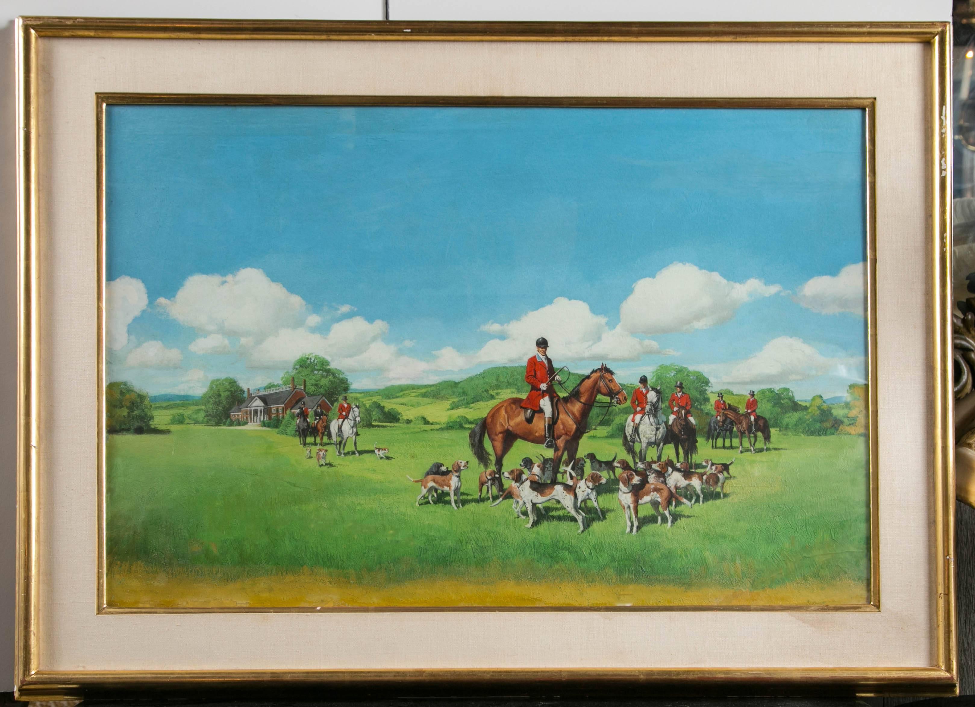 A number of hounds and the hunters on horseback await the call to the hunt. Beautiful colonnaded home in the pasture. Bright green and yellows grasses and trees under a bright blue sky with white clouds. Paper on artists board. Unsigned. Restored