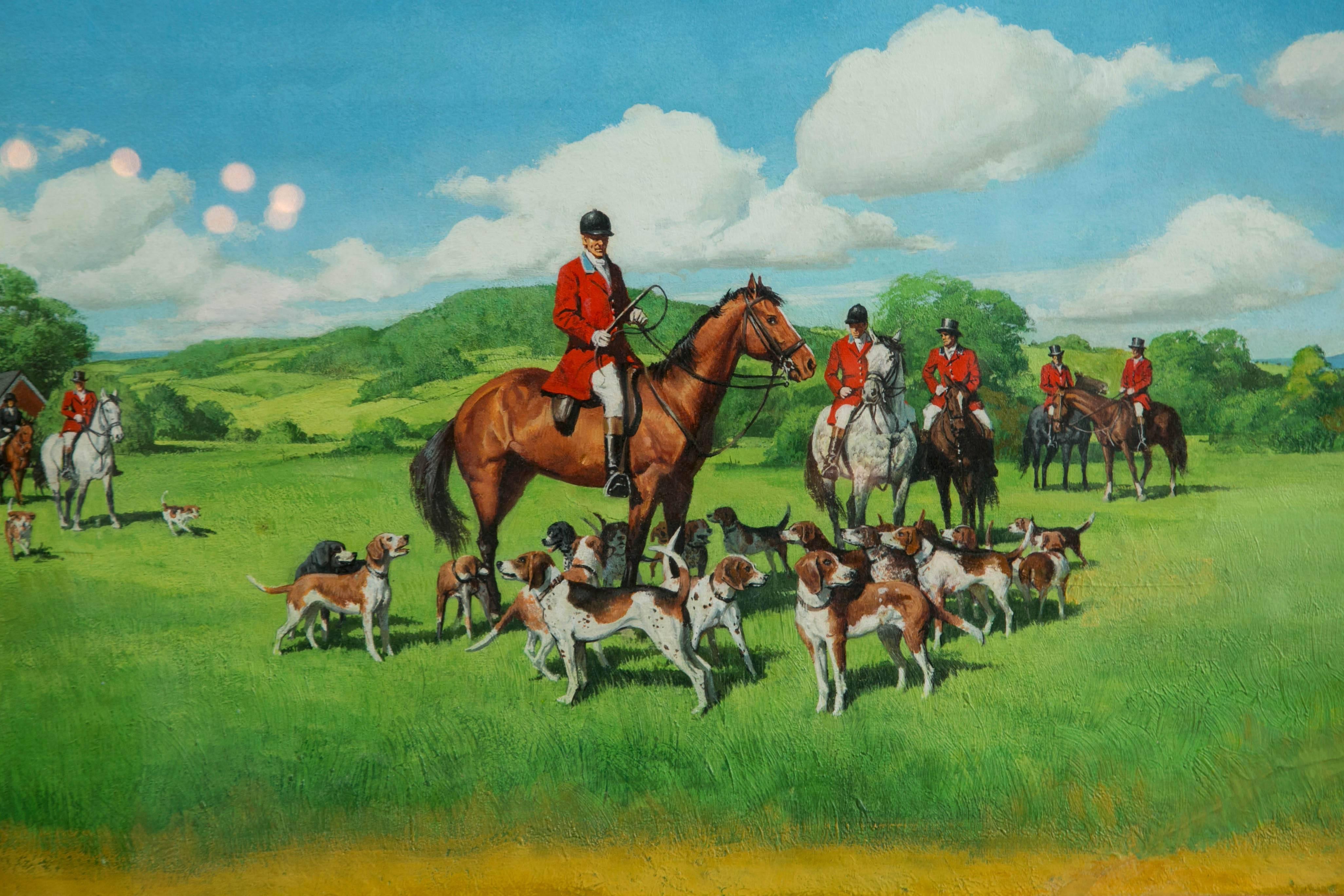 Sporting Art Finely Painted Oil Gathering for the Hunt For Sale