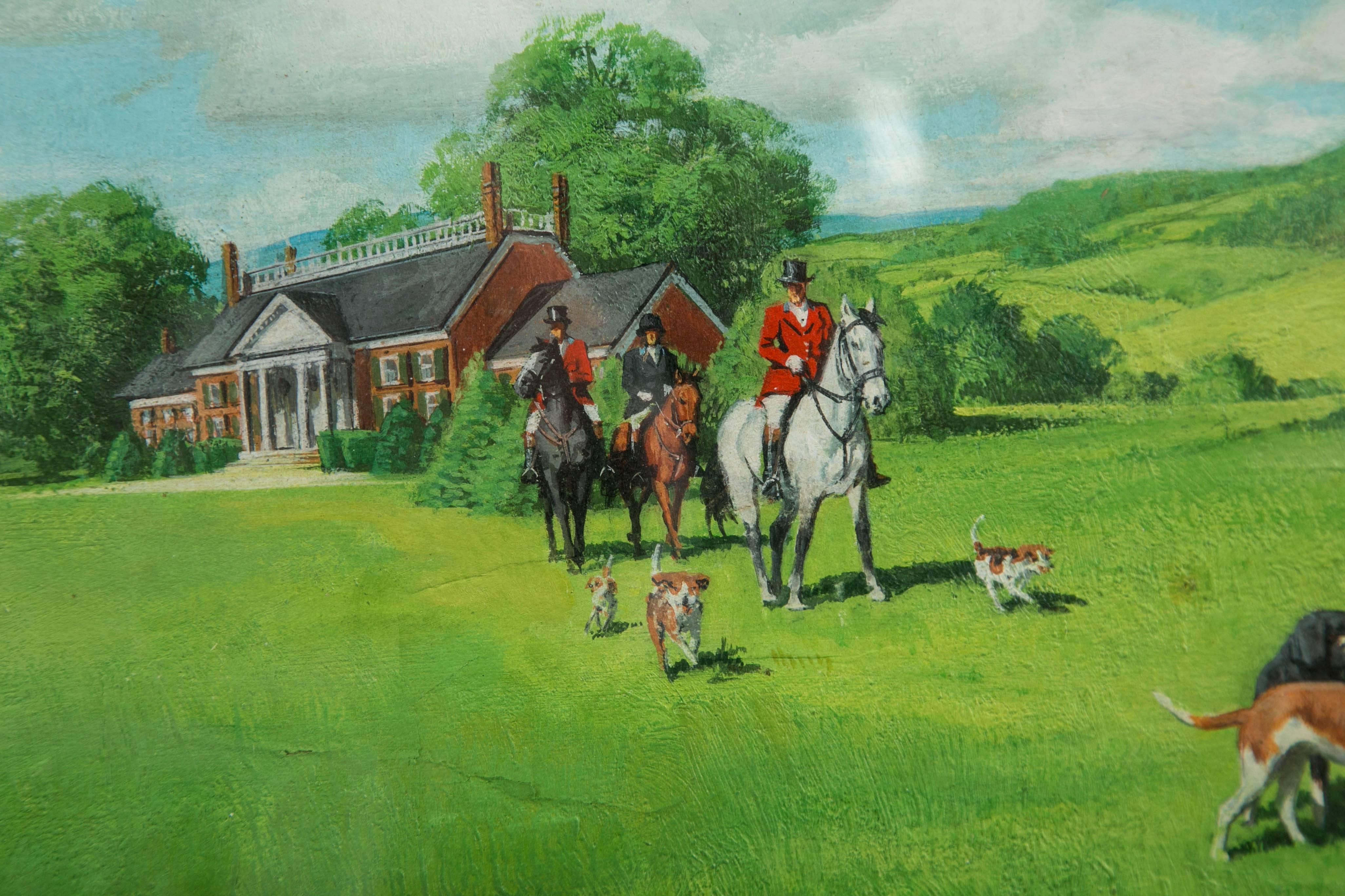 Finely Painted Oil Gathering for the Hunt In Good Condition For Sale In Woodbury, CT