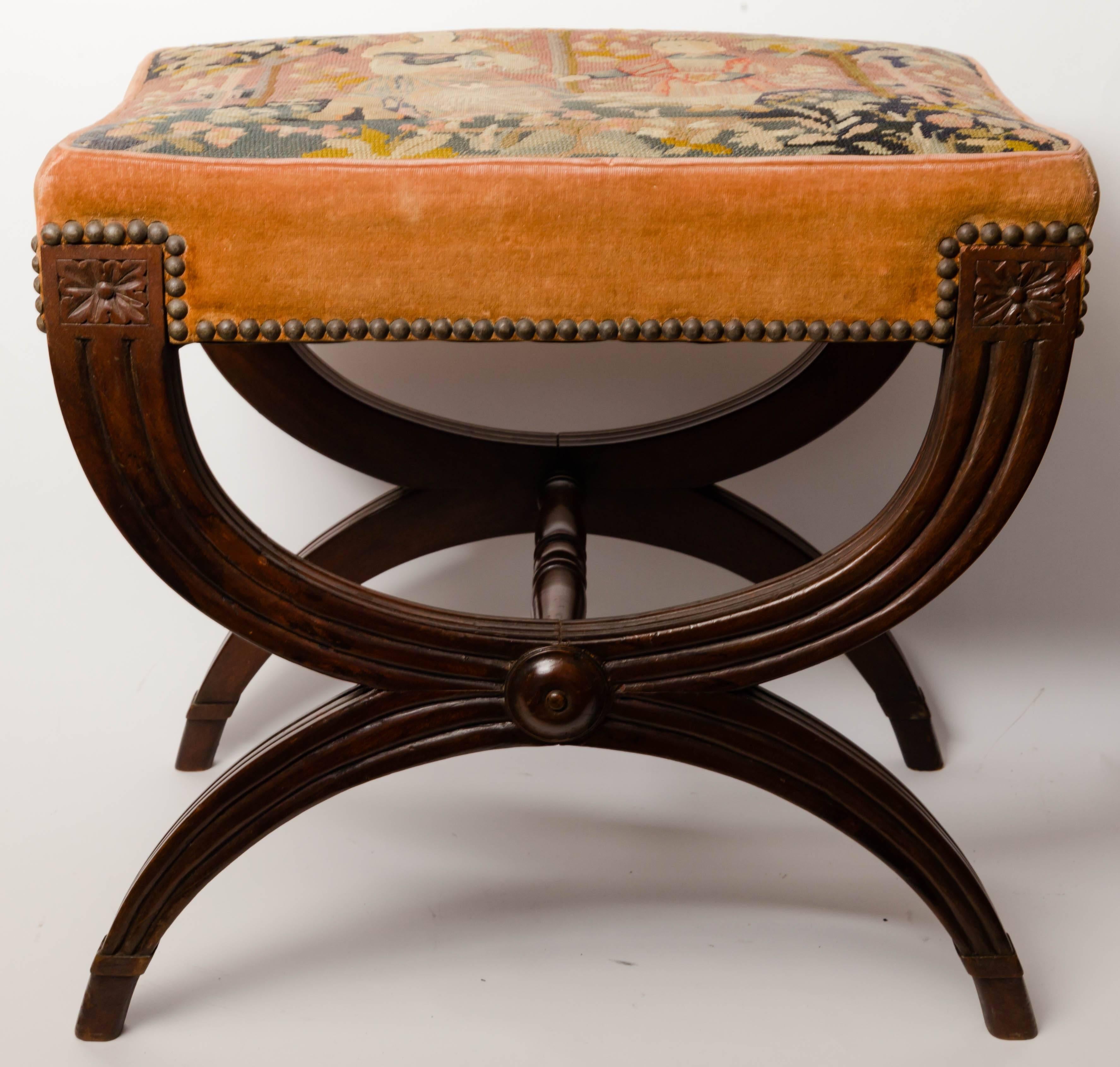 Carved French Empire Style Mahogany Curule Base Stool with Needlework Top