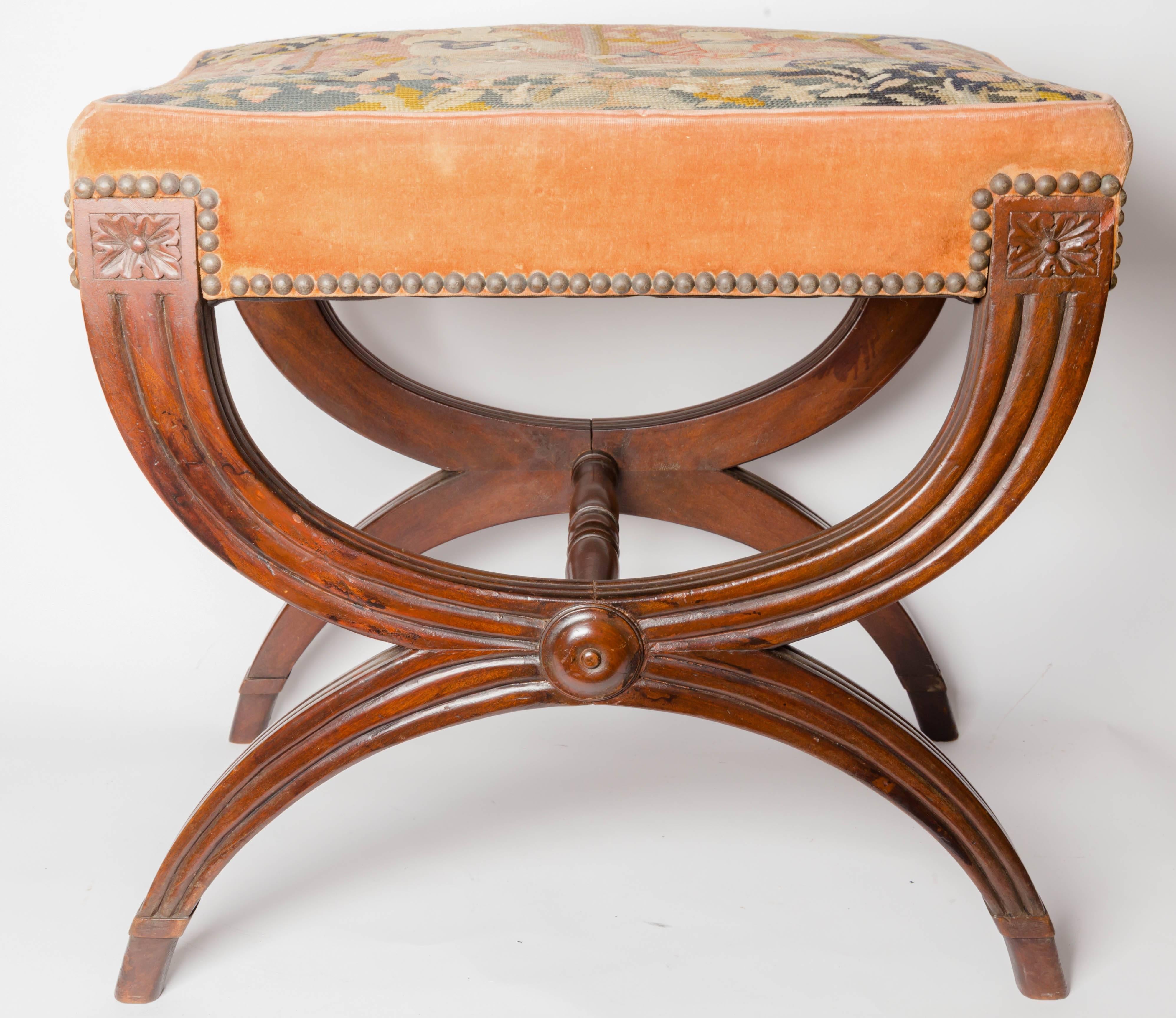 French Empire Style Mahogany Curule Base Stool with Needlework Top In Good Condition In Southampton, NY