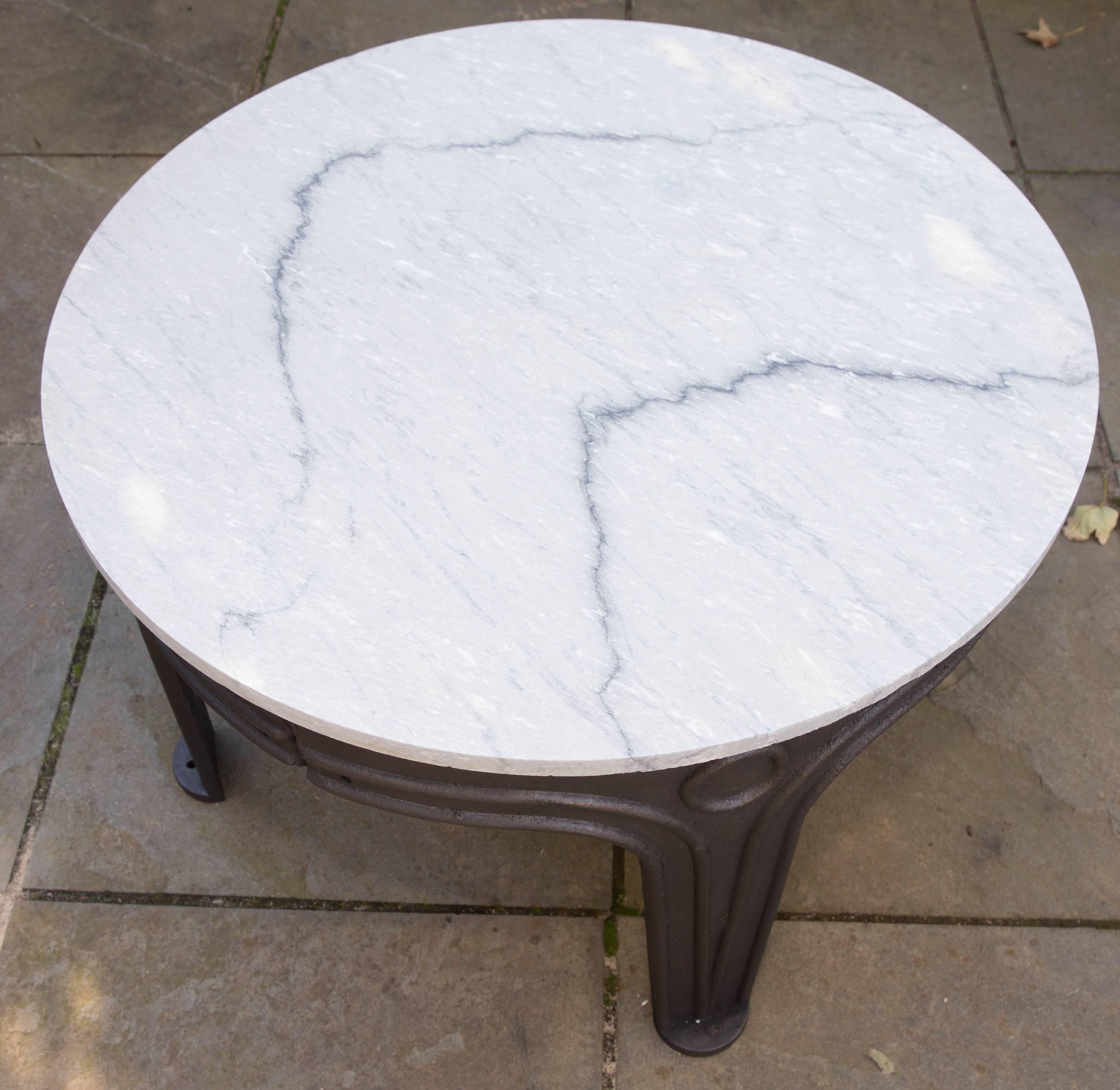 American Industrial Cast Iron Base Table with Marble Top In Distressed Condition For Sale In Southampton, NY
