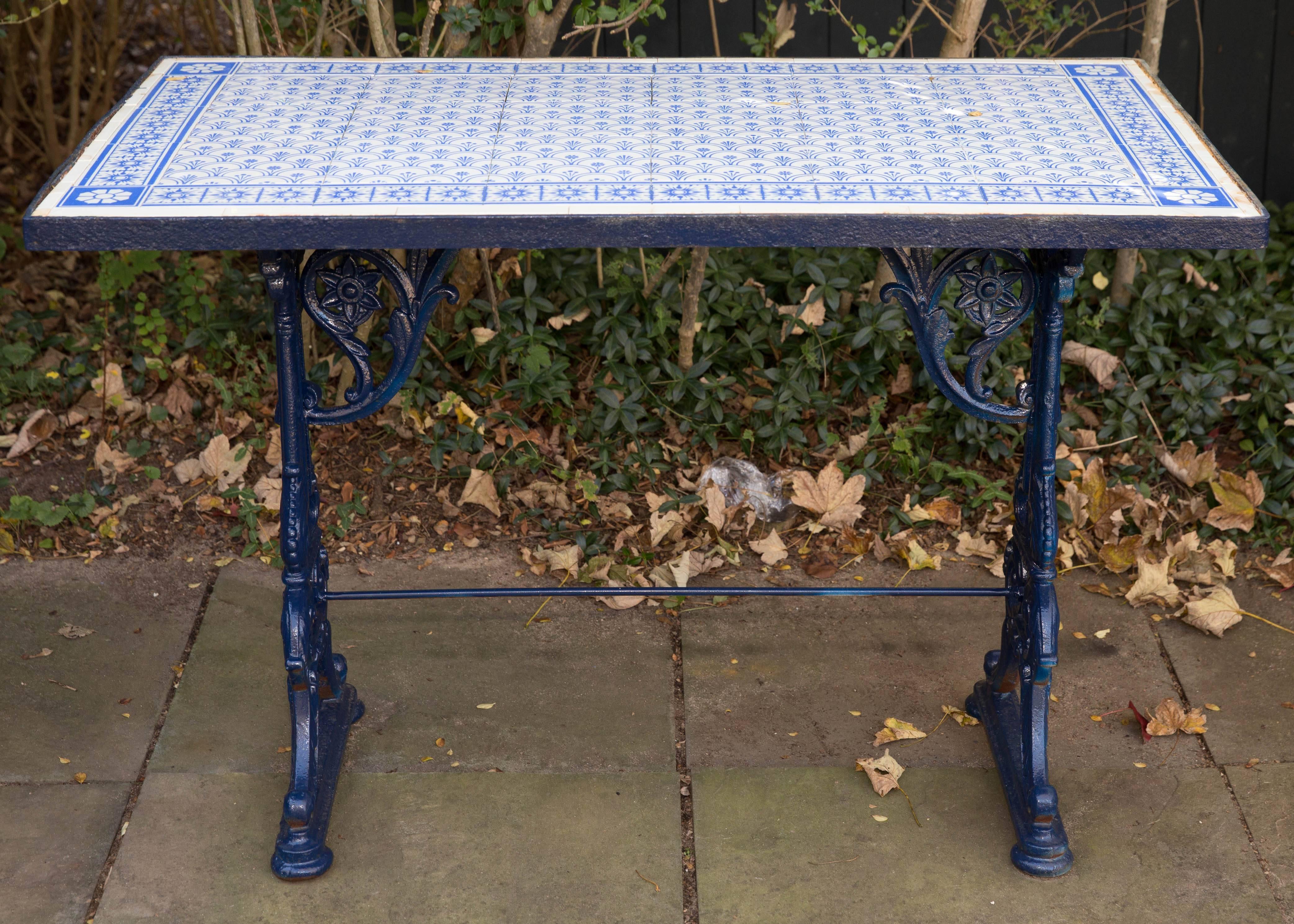 Aesthetic Movement Pair of Iron Pub Table Consoles with Blue and White Tile Tops / Aesthetic Style