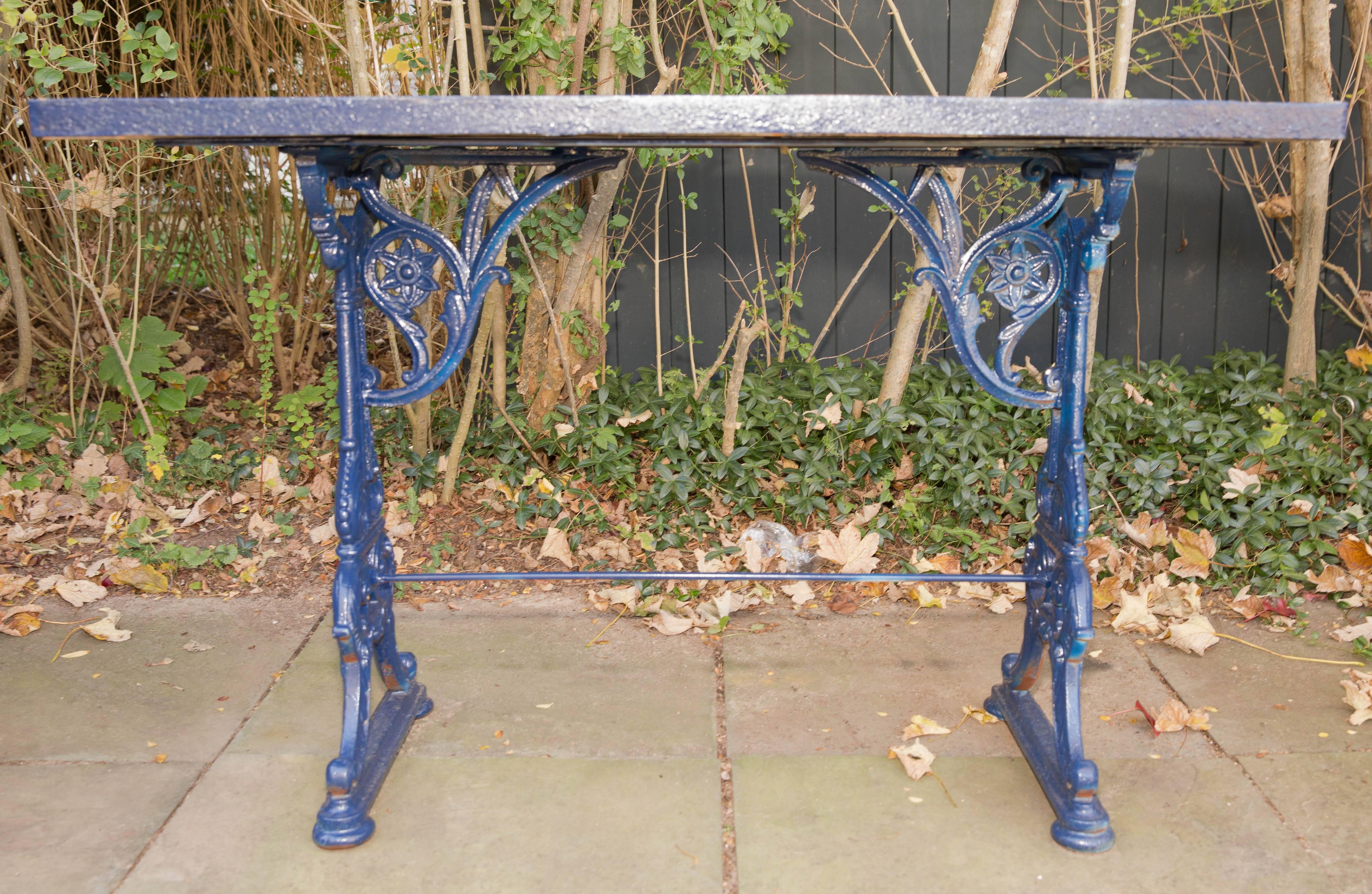 English Pair of Iron Pub Table Consoles with Blue and White Tile Tops / Aesthetic Style