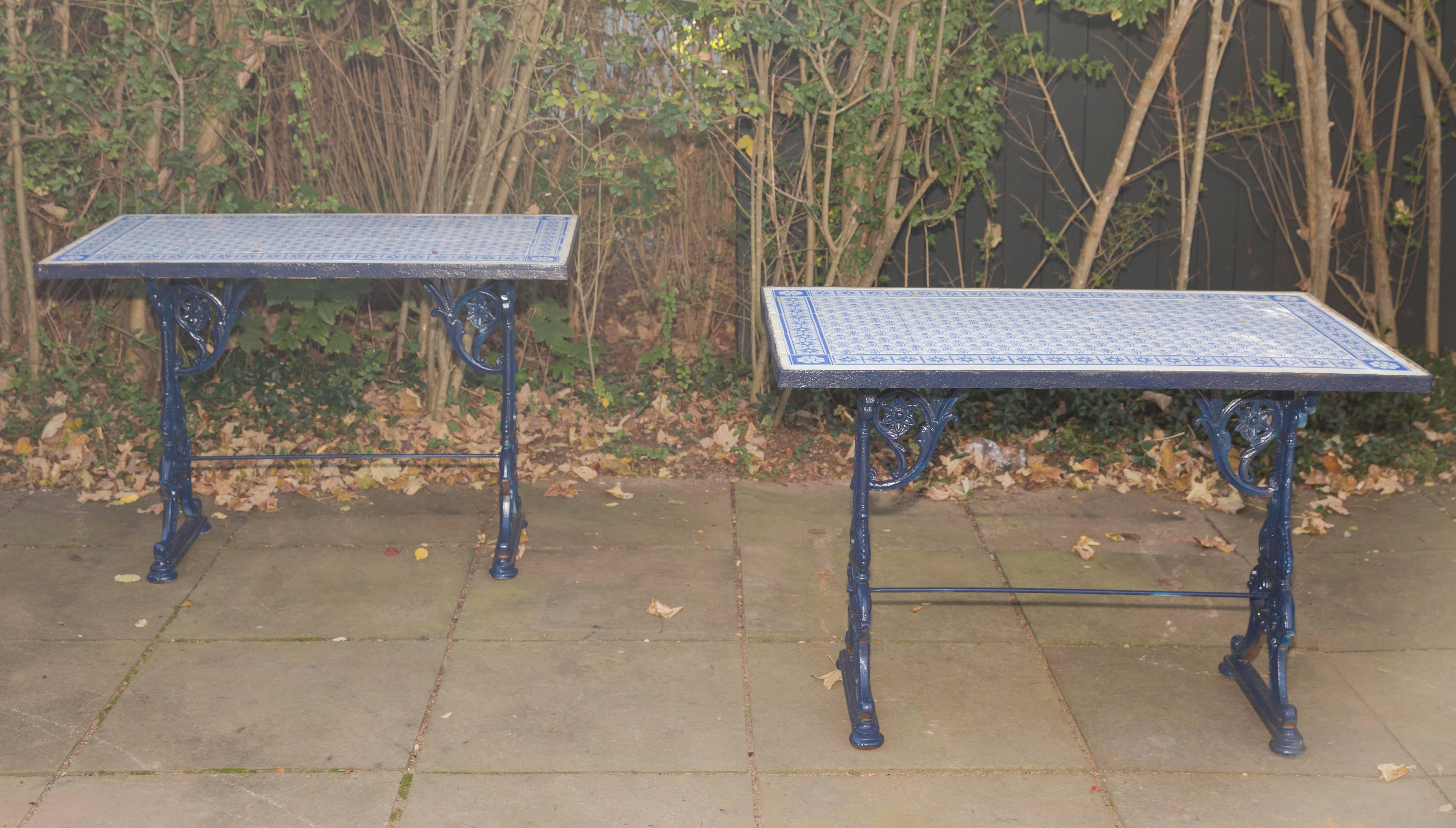 19th Century Pair of Iron Pub Table Consoles with Blue and White Tile Tops / Aesthetic Style