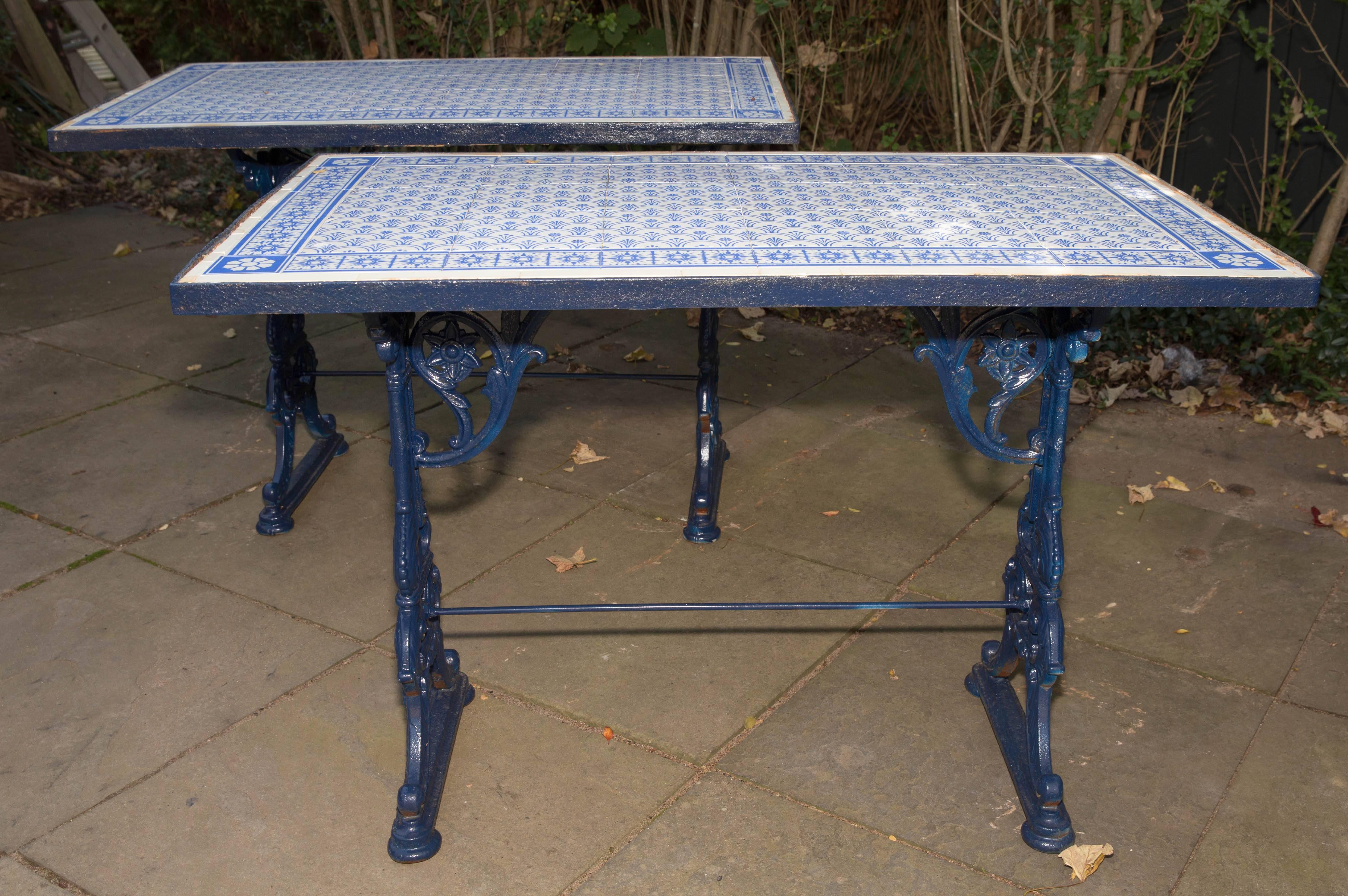Ceramic Pair of Iron Pub Table Consoles with Blue and White Tile Tops / Aesthetic Style