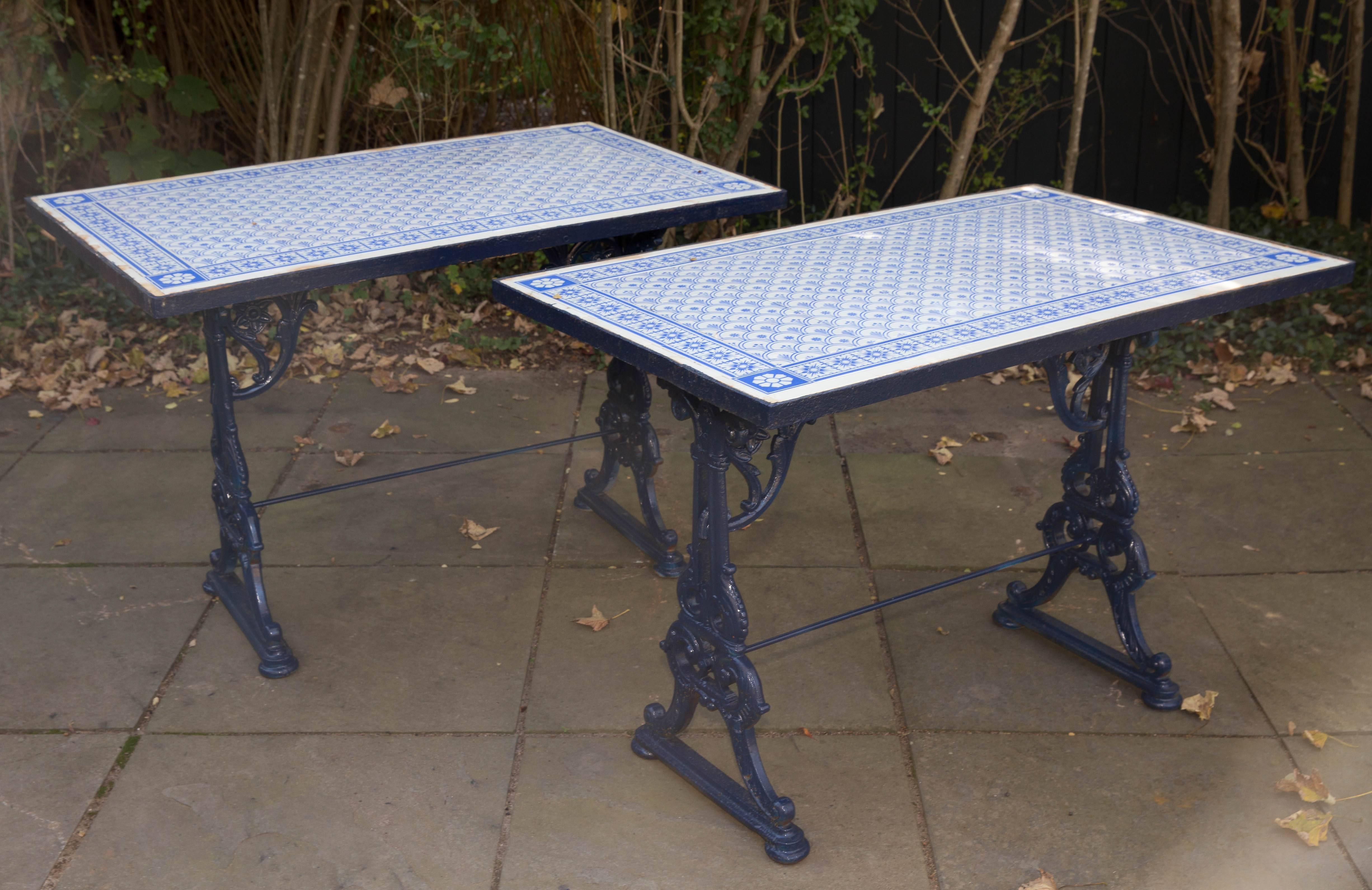 Pair of Iron Pub Table Consoles with Blue and White Tile Tops / Aesthetic Style 1