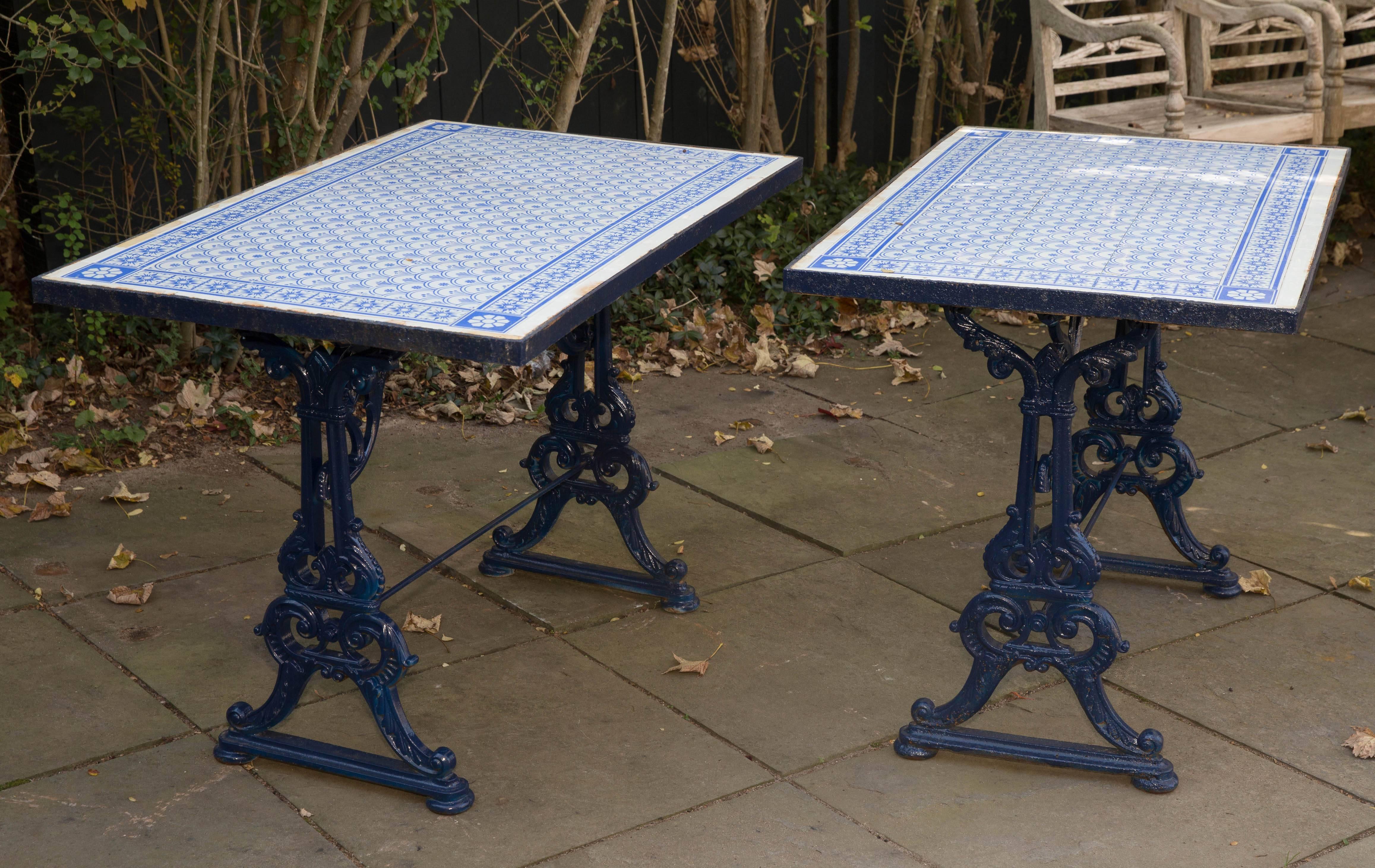 Pair of Iron Pub Table Consoles with Blue and White Tile Tops / Aesthetic Style 2