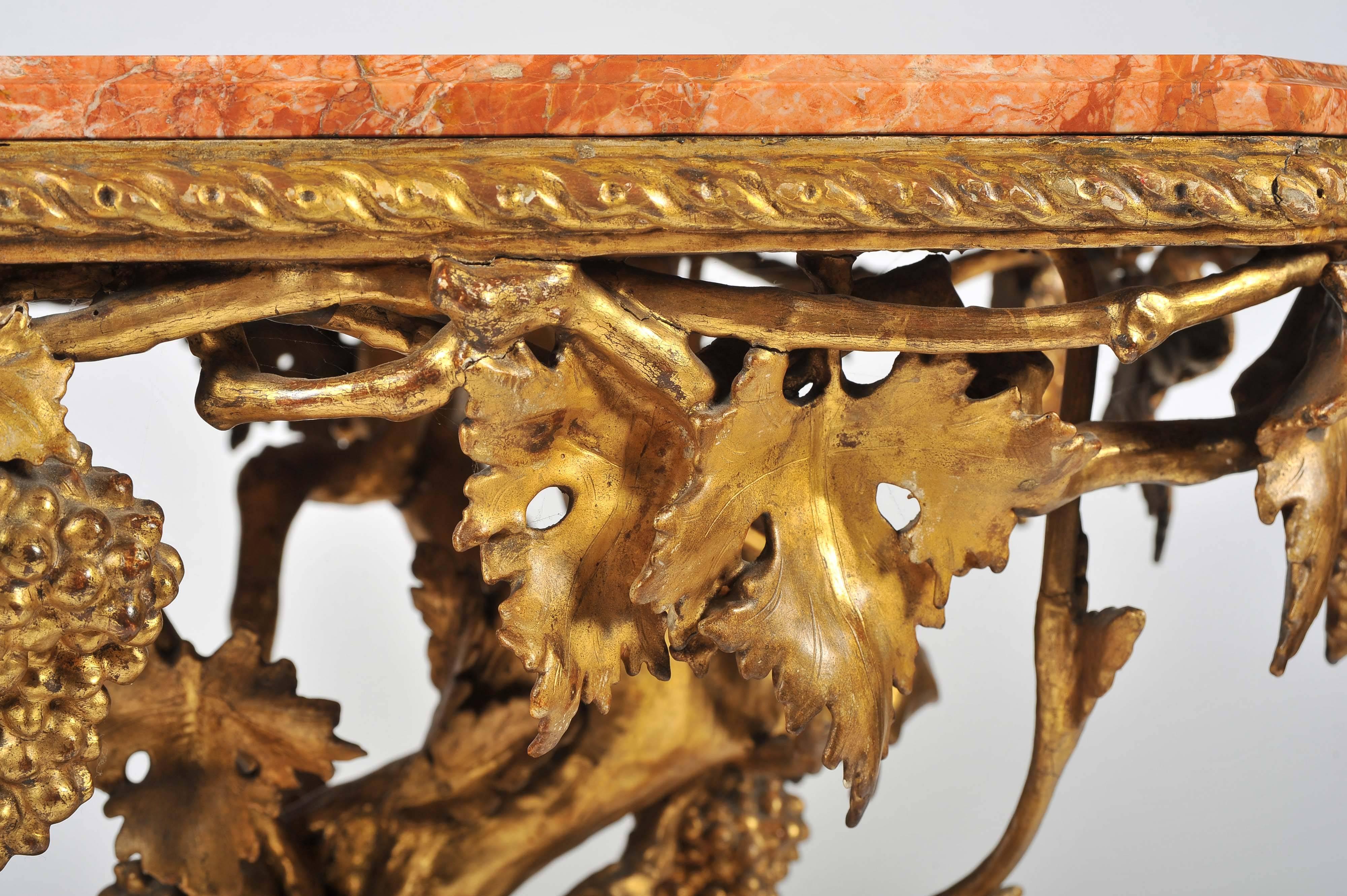 Baroque Revival 19th Century Italian Gilt Wine Table, Pink Marble Top, Putti, Vines and Grapes For Sale