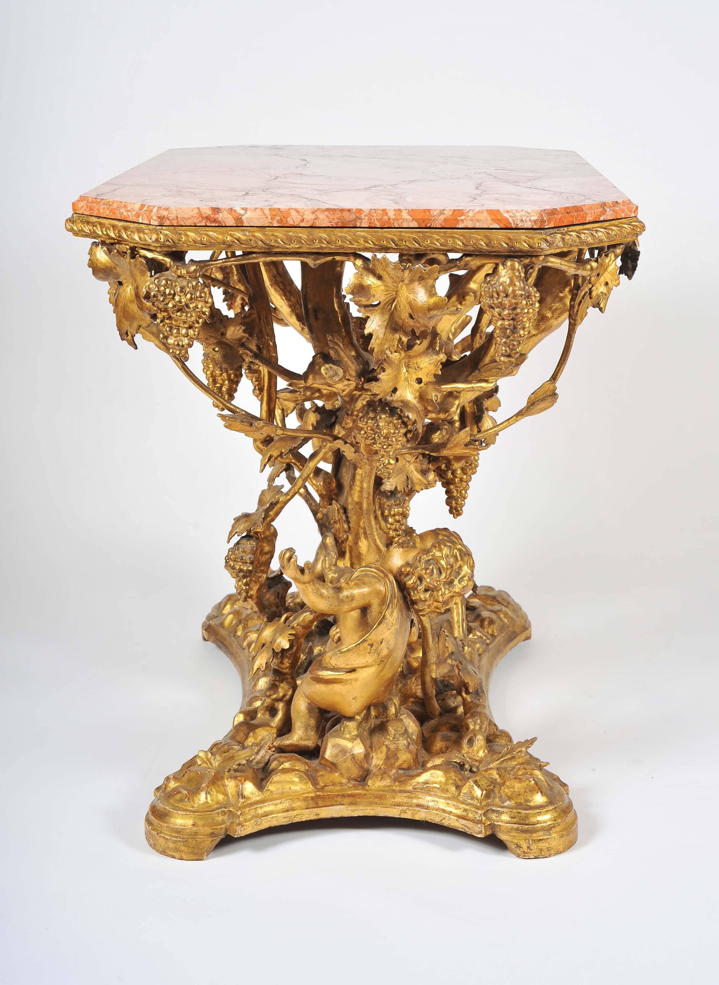 19th Century Italian Gilt Wine Table, Pink Marble Top, Putti, Vines and Grapes For Sale 2