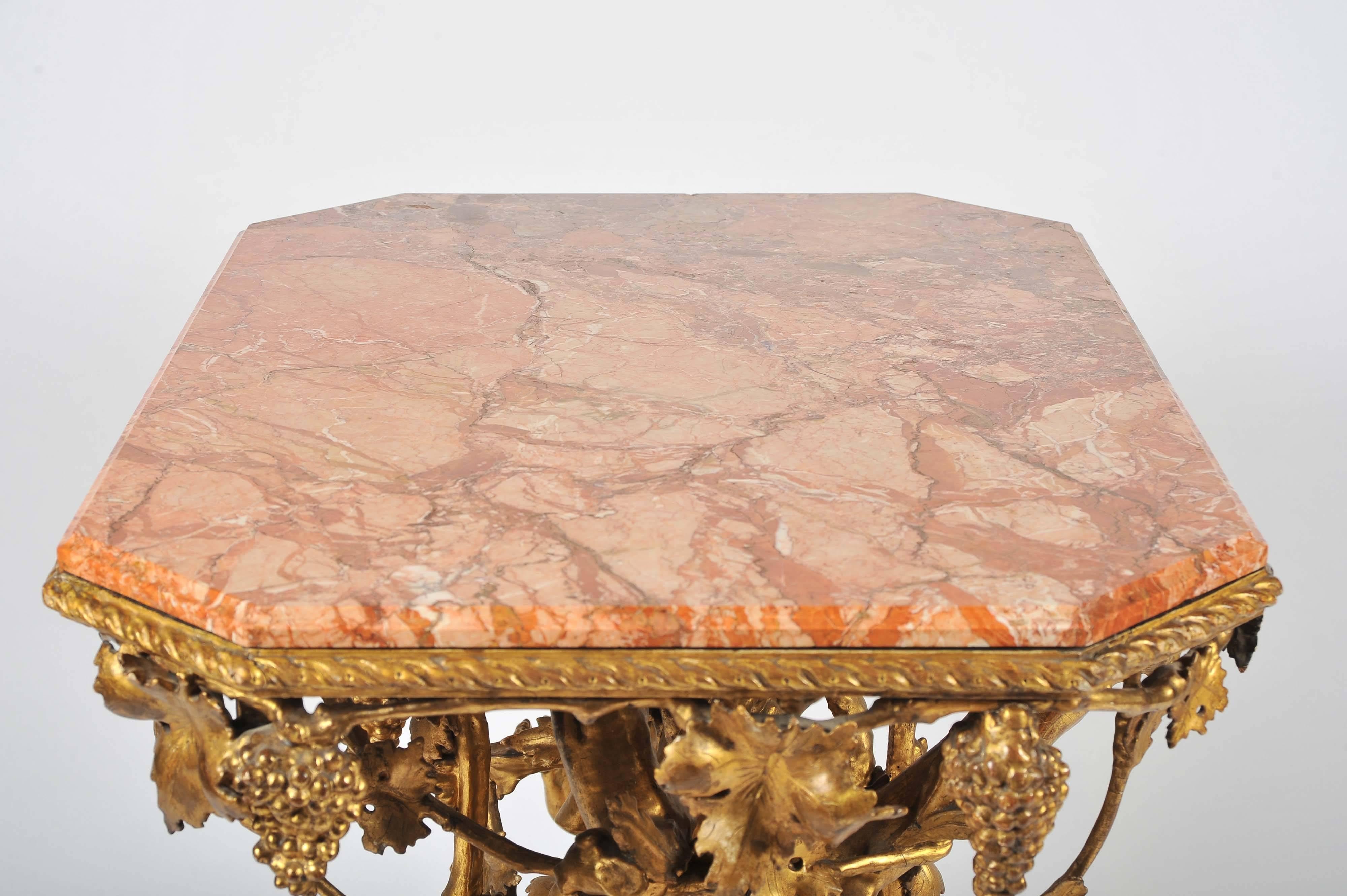 19th Century Italian Gilt Wine Table, Pink Marble Top, Putti, Vines and Grapes For Sale 3