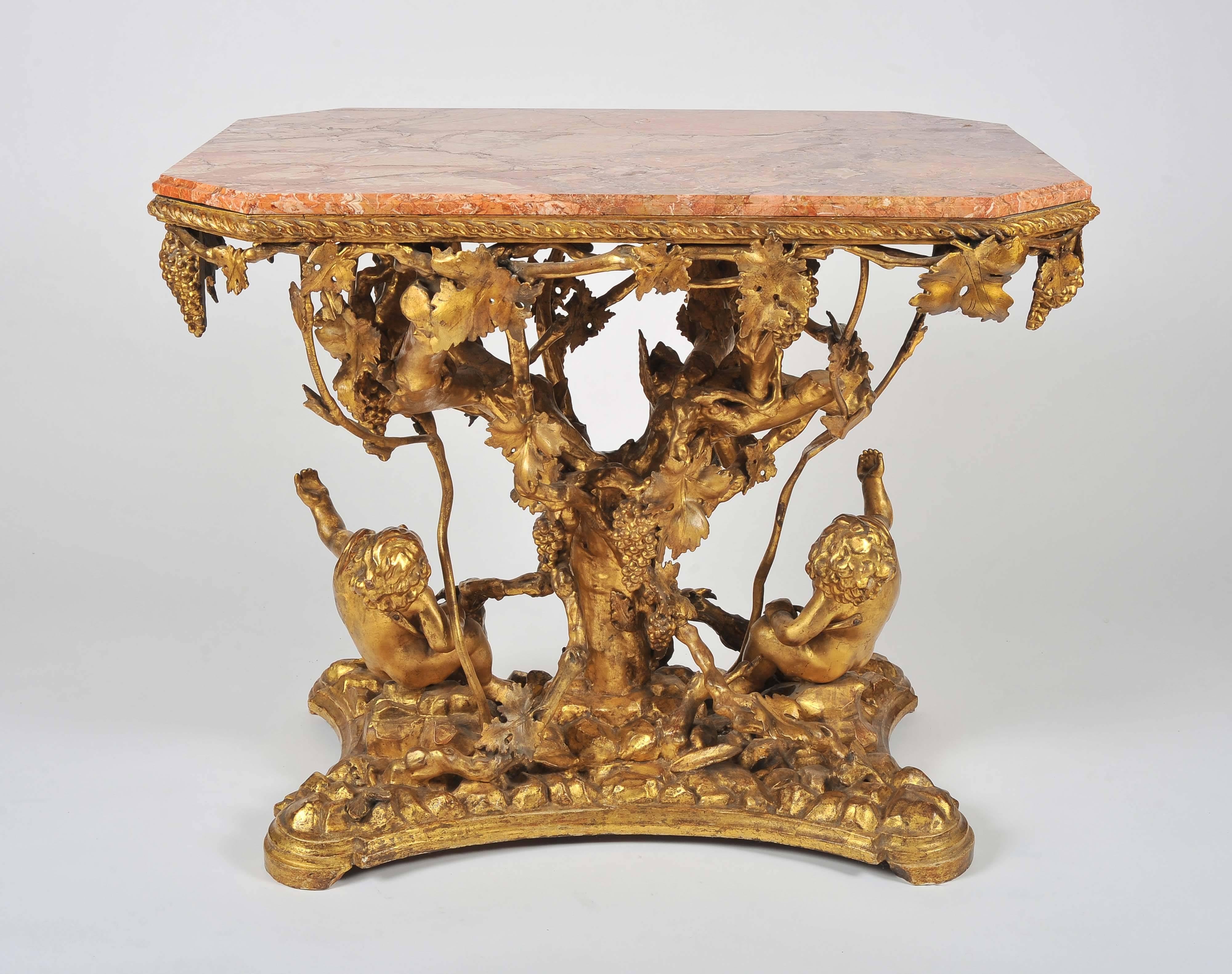 19th Century Italian Gilt Wine Table, Pink Marble Top, Putti, Vines and Grapes For Sale 4