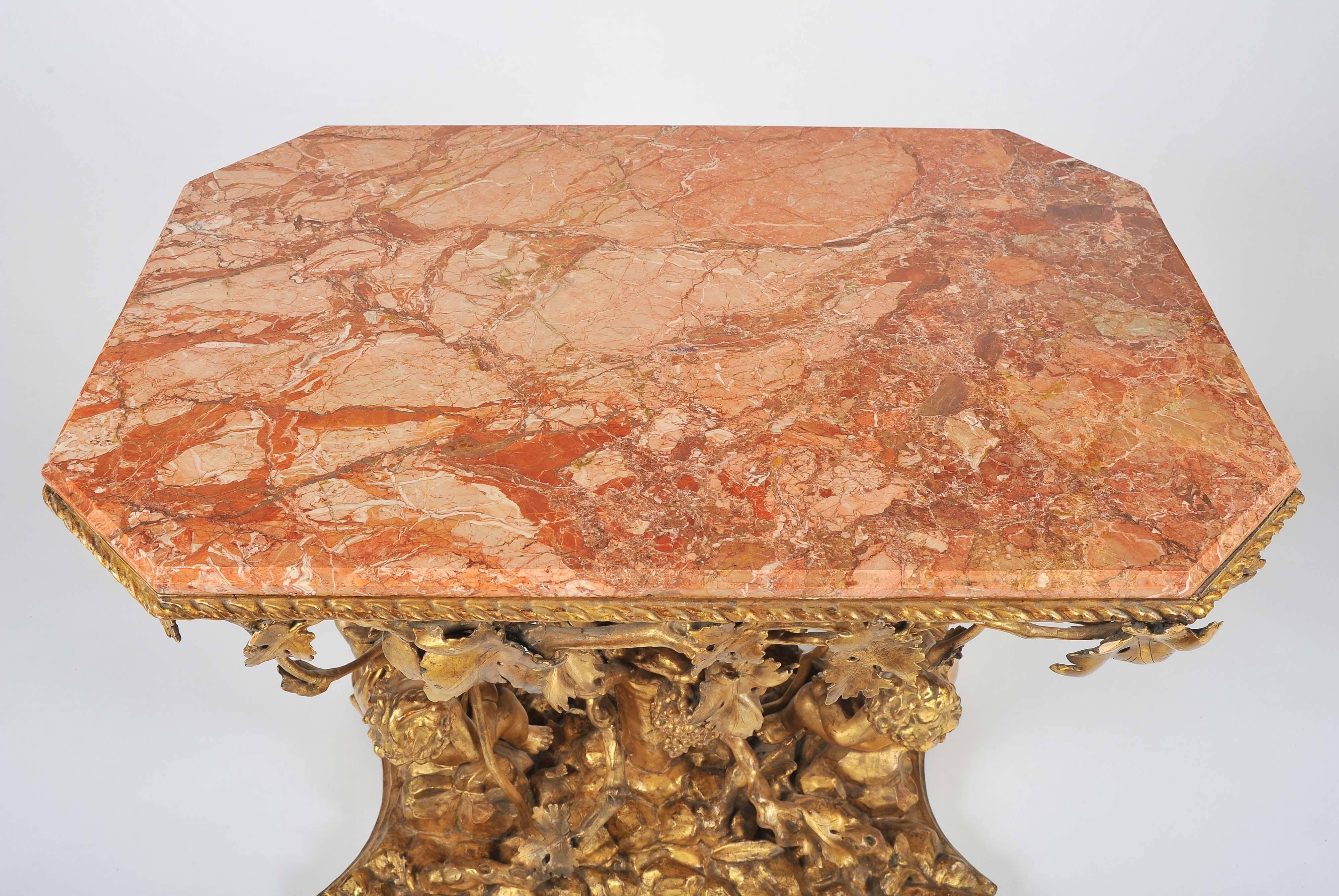 19th Century Italian Gilt Wine Table, Pink Marble Top, Putti, Vines and Grapes For Sale 5