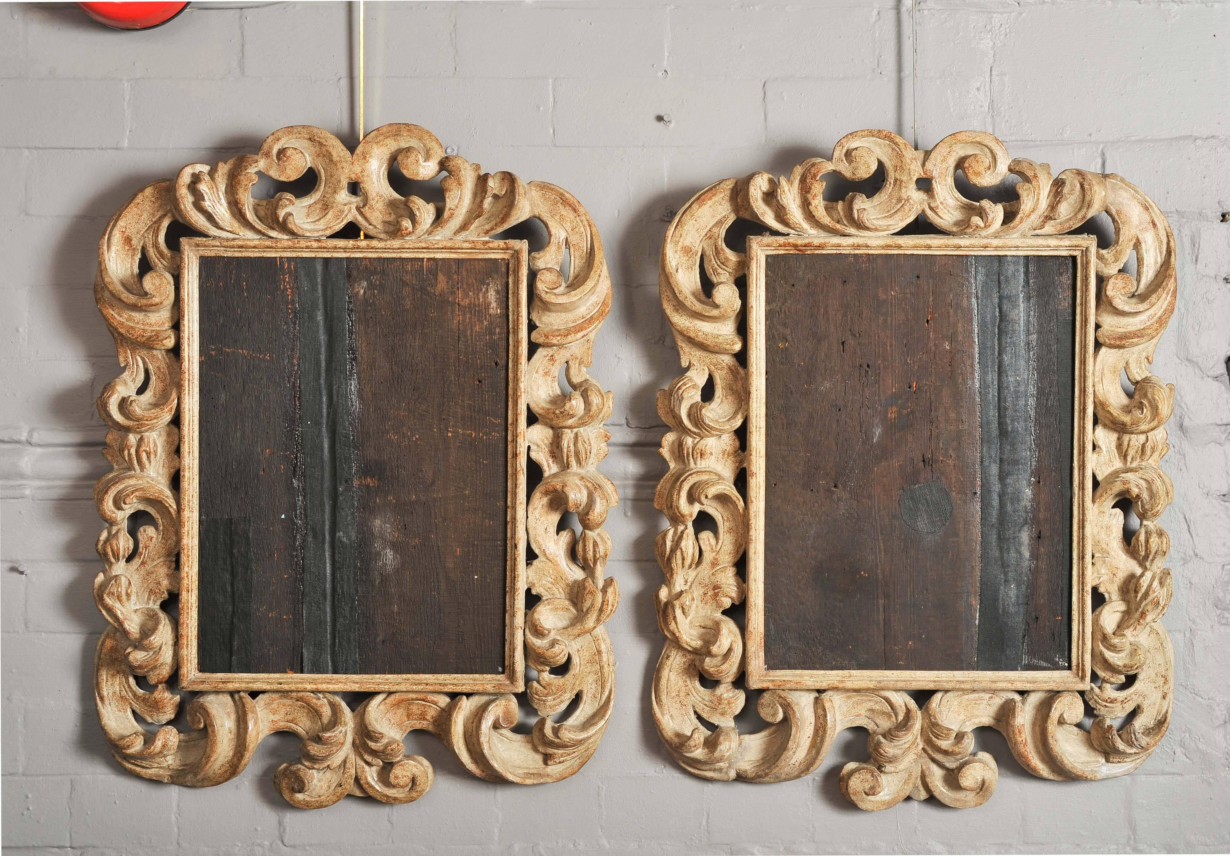 This extremely rare pair of Italian frames originally for a pair of 17th century portraits but would make a superb pair of mirrors. The finish made to simulate stone work as was fashionable at the time.
Internal dimensions for painting or mirror: