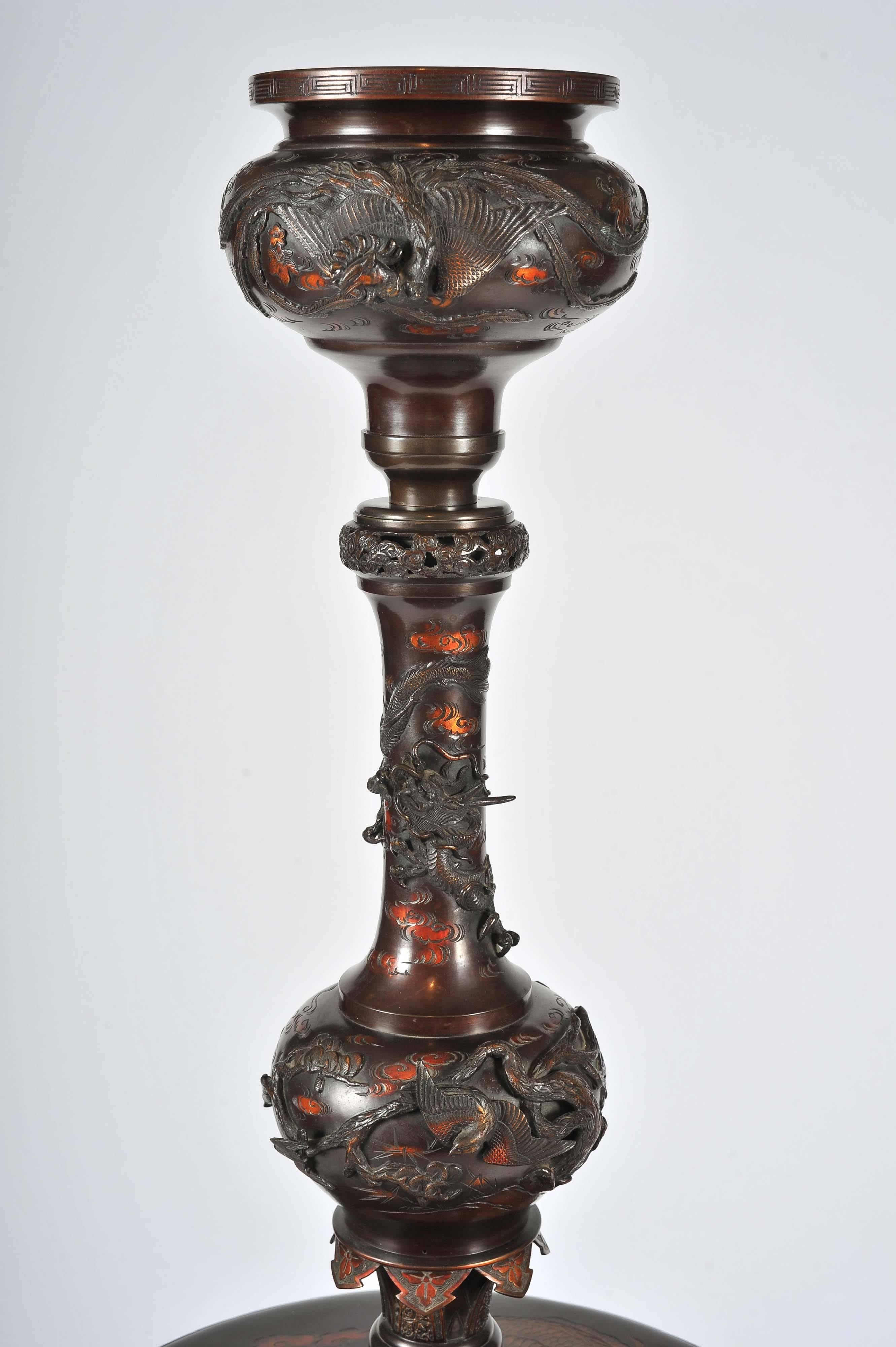 Meiji Early 20th Century Japanese Bronze Stand with Adjustable Column
