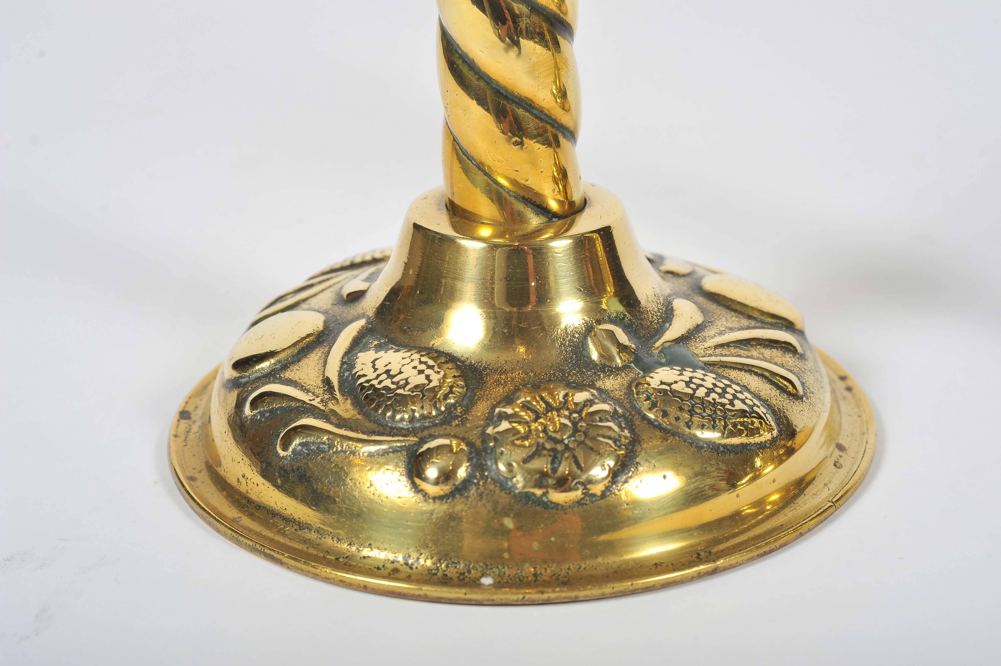 Country Brass Candlesticks, 19th Century, Twisted Stems and Decorative Rims and Bases For Sale