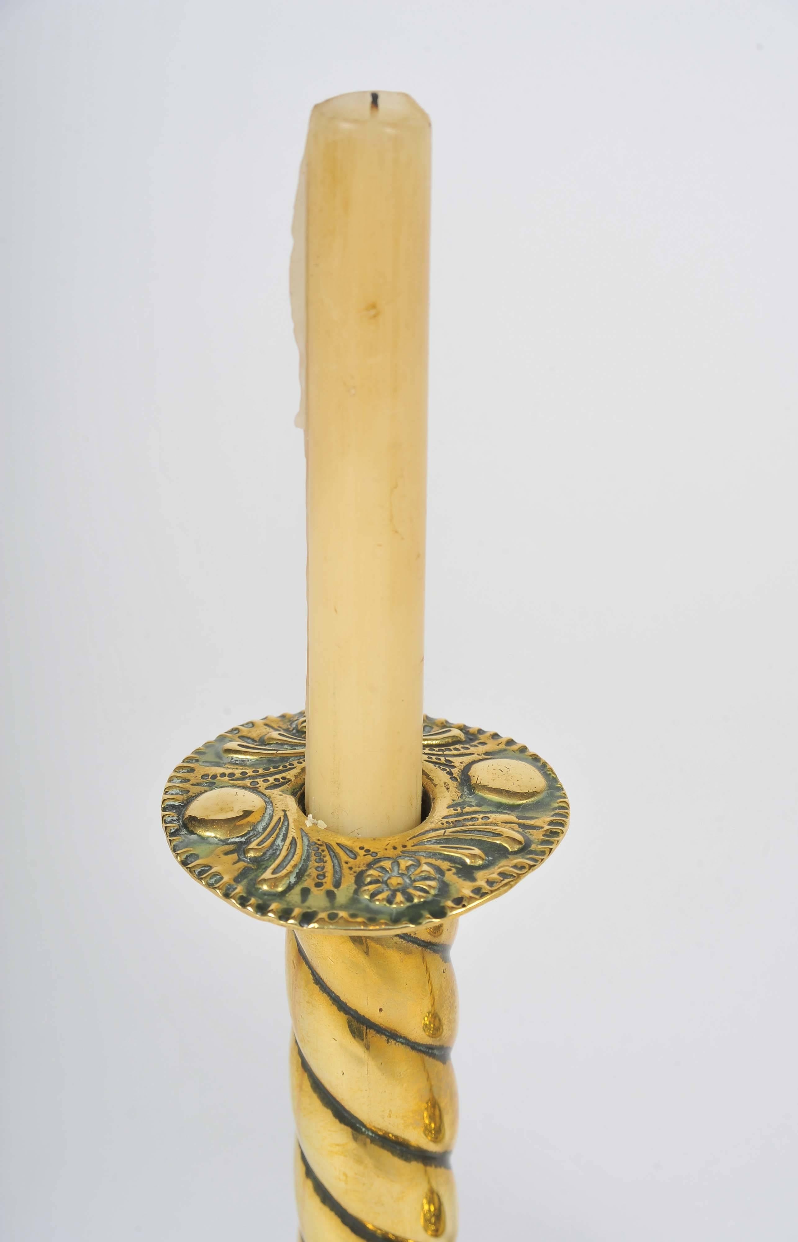 English Brass Candlesticks, 19th Century, Twisted Stems and Decorative Rims and Bases For Sale