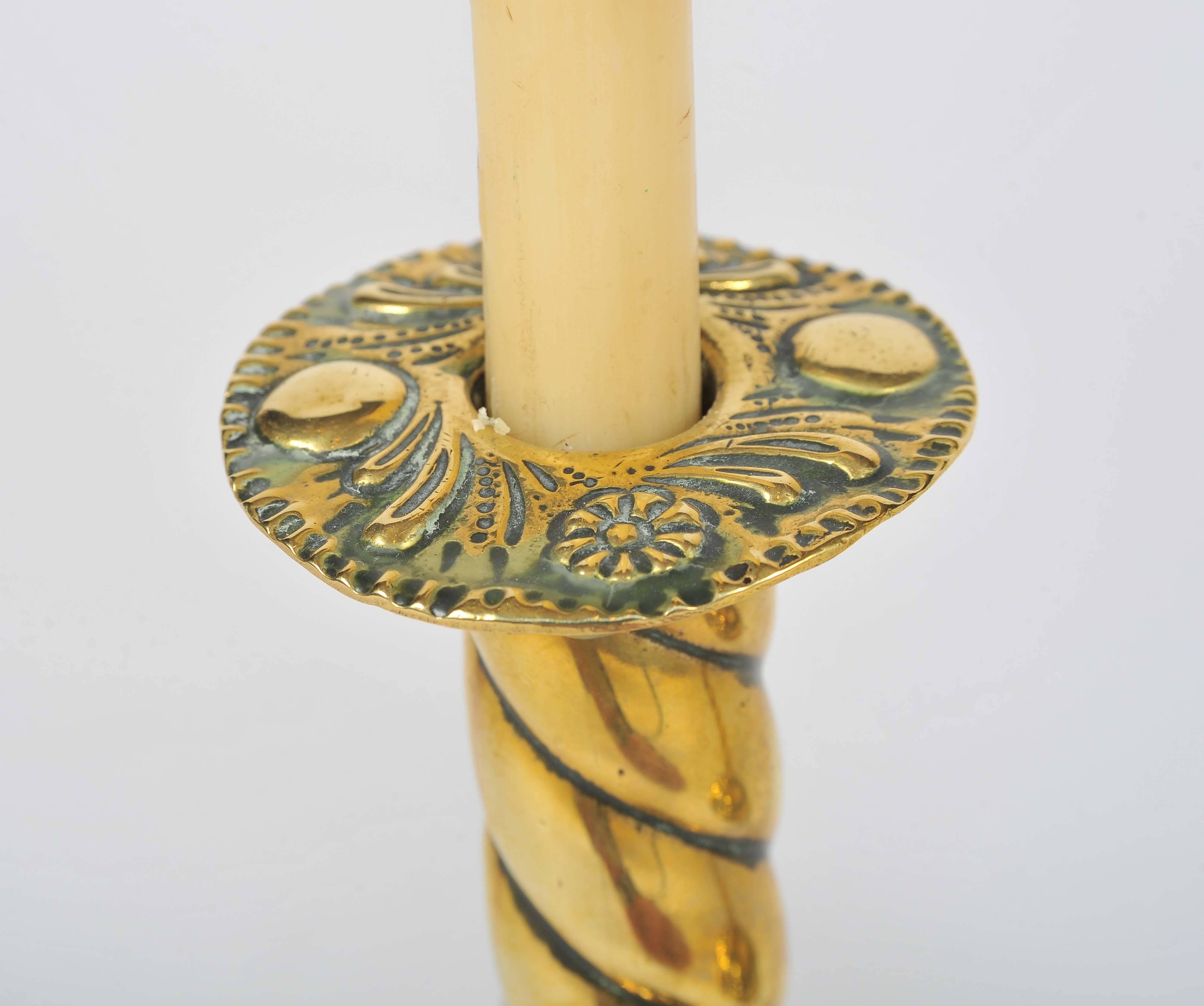 Brass Candlesticks, 19th Century, Twisted Stems and Decorative Rims and Bases In Good Condition For Sale In London, GB