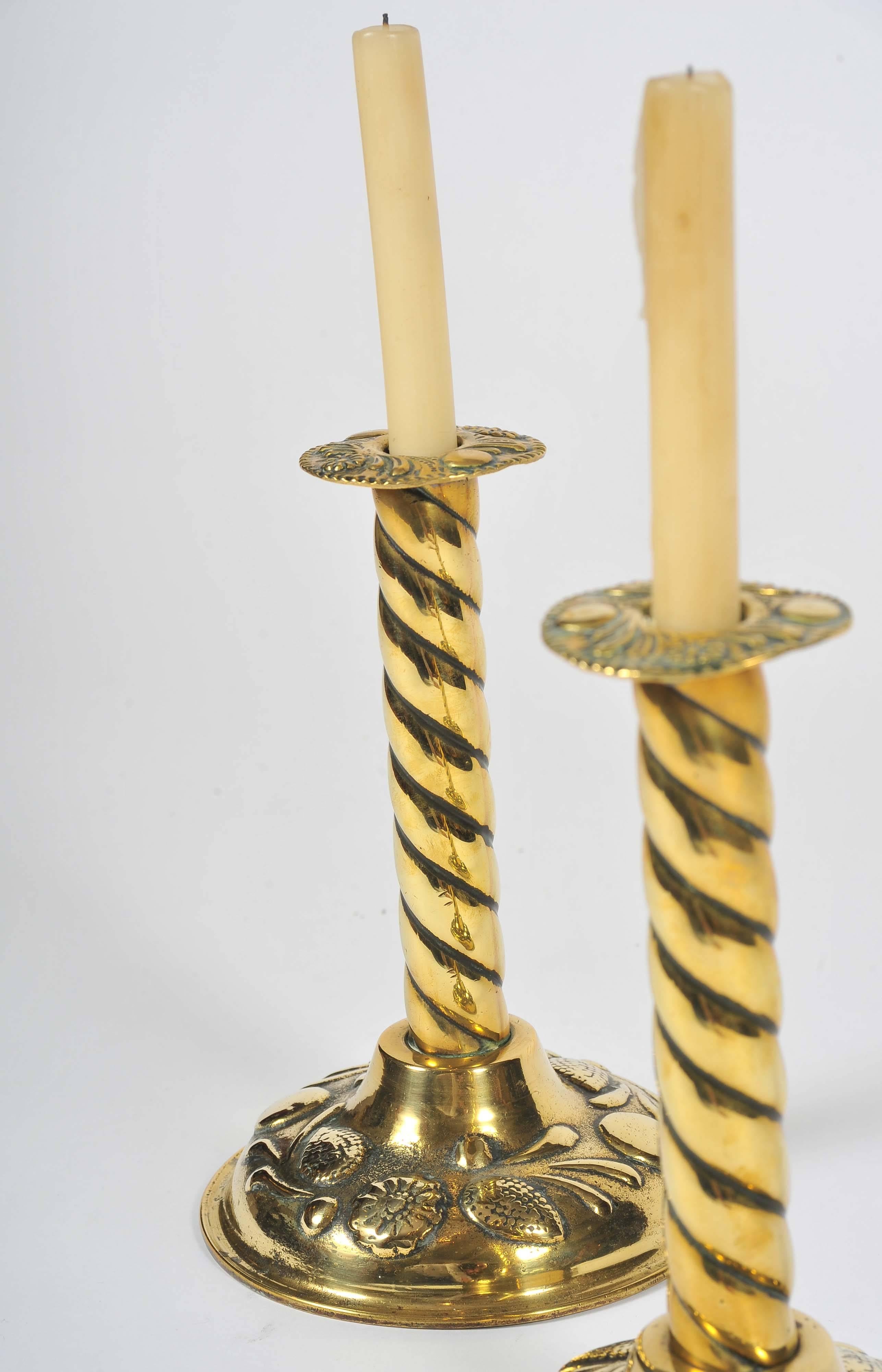 Brass Candlesticks, 19th Century, Twisted Stems and Decorative Rims and Bases For Sale 1