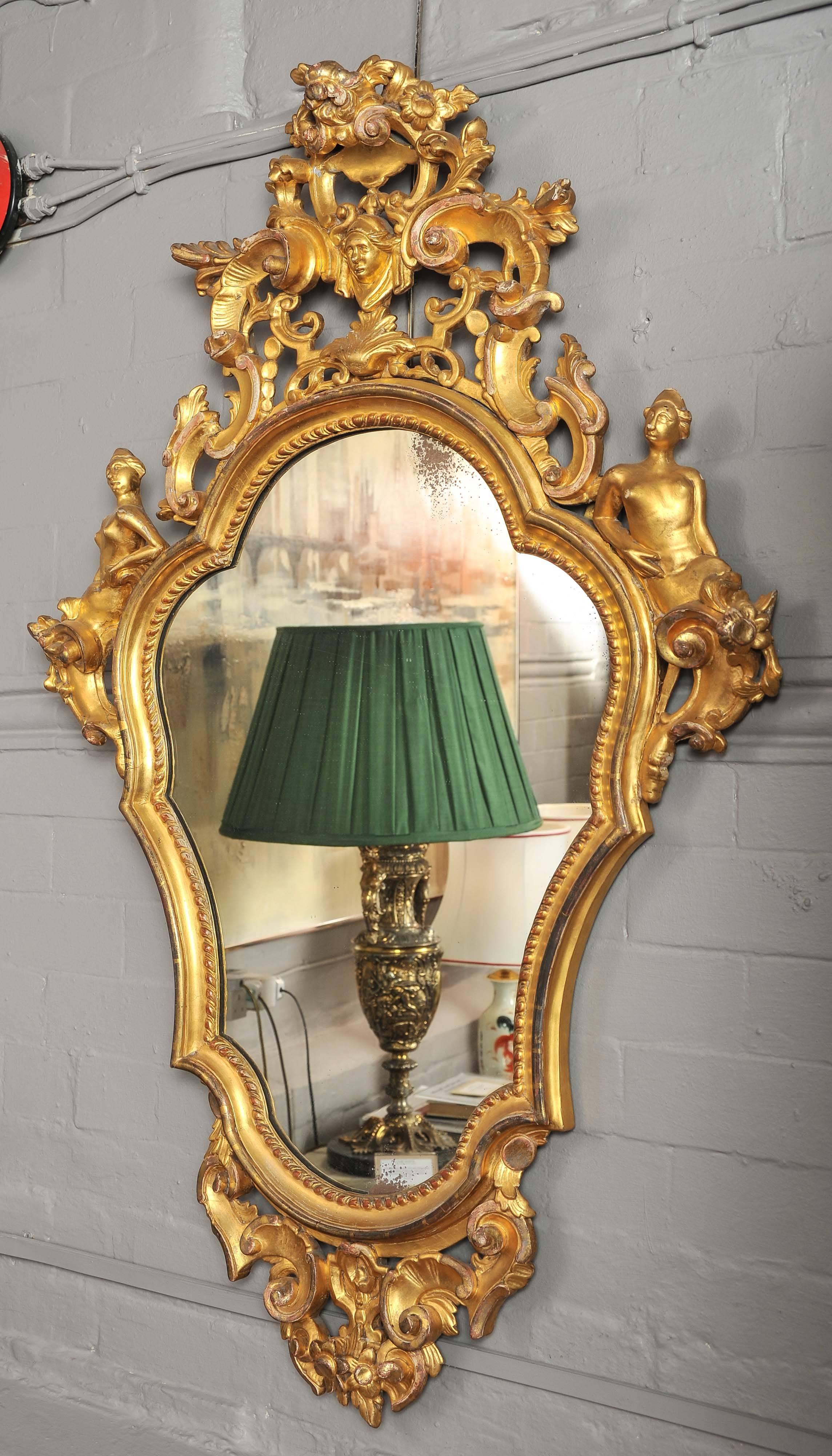 Giltwood 19th Century Mirror, Italian Carved Wood and Water Gilt  For Sale