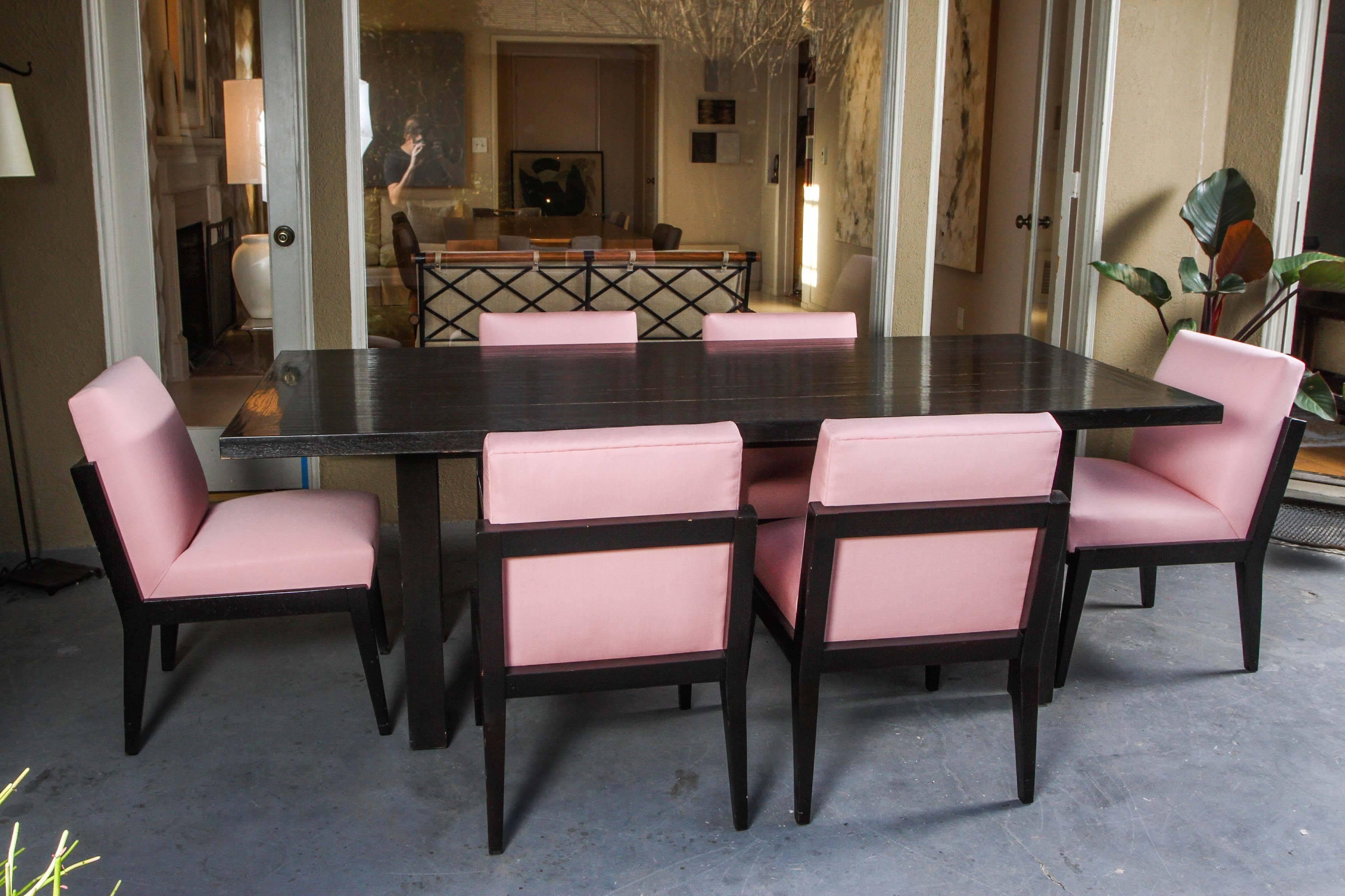 Mid-Century indoor/outdoor black dining table with six dining chairs that have been recovered in a beautiful pink-salmon indoor/outdoor fabric.

Table dimensions:
Width: 84