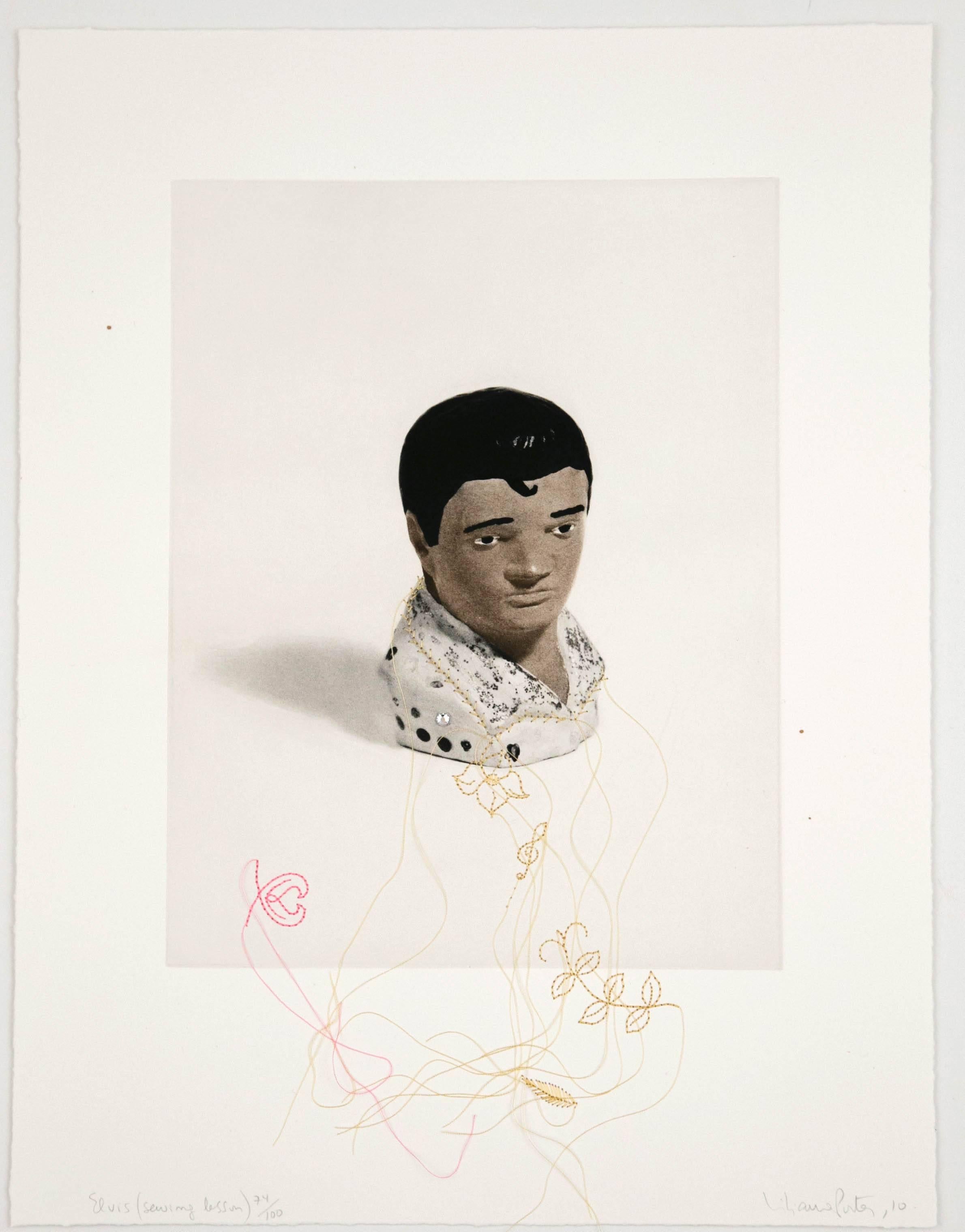 "Elvis: the Sewing Lesson" photogravure, thread, and collage by the artists, Liliana Porter. A fascinating process including photography, copper plating, sewing, and templating, results in this fabulous and fun print of Elvis and threads.