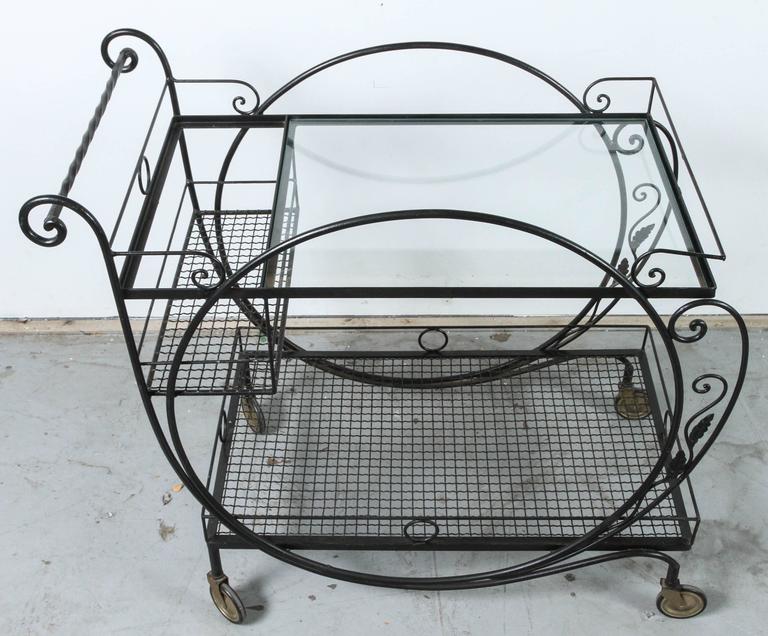 1940s, Salterini Wrought Iron Rolling Outdoor Bar Serving Cart at