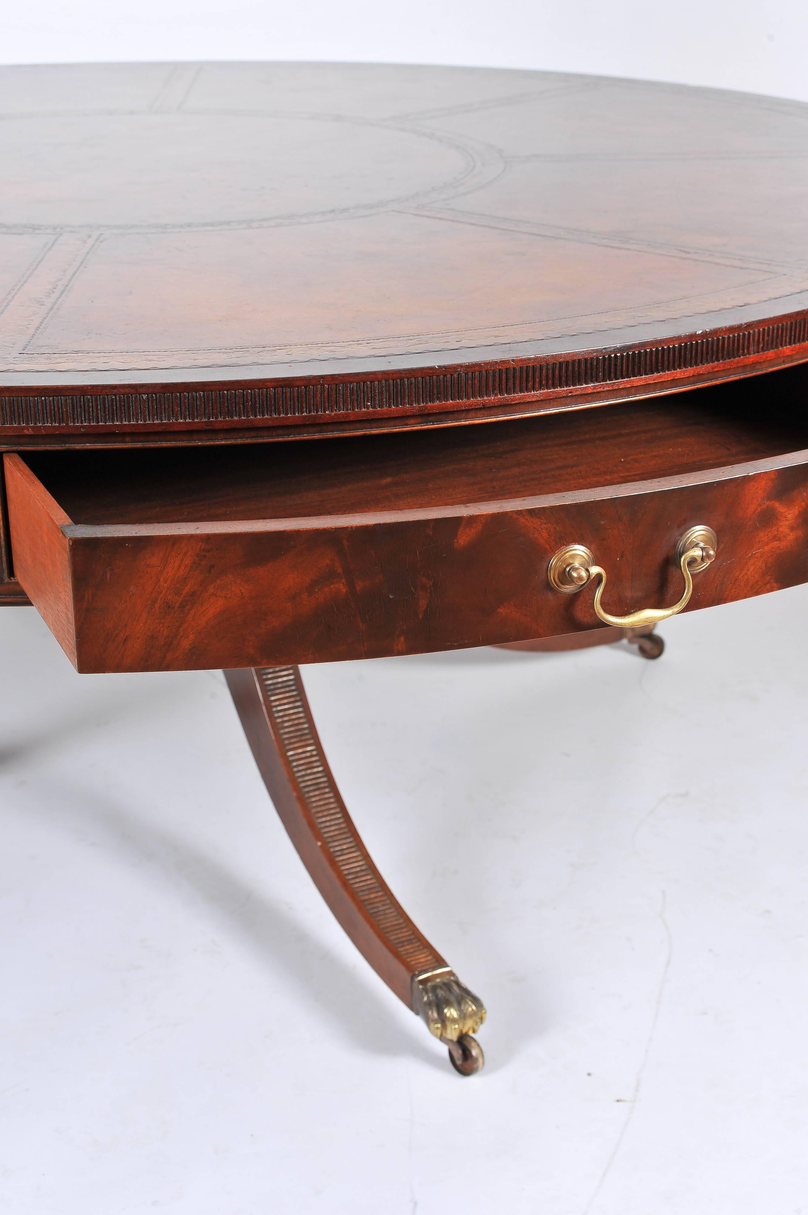 Brass Large Mahogany Library Drum Table