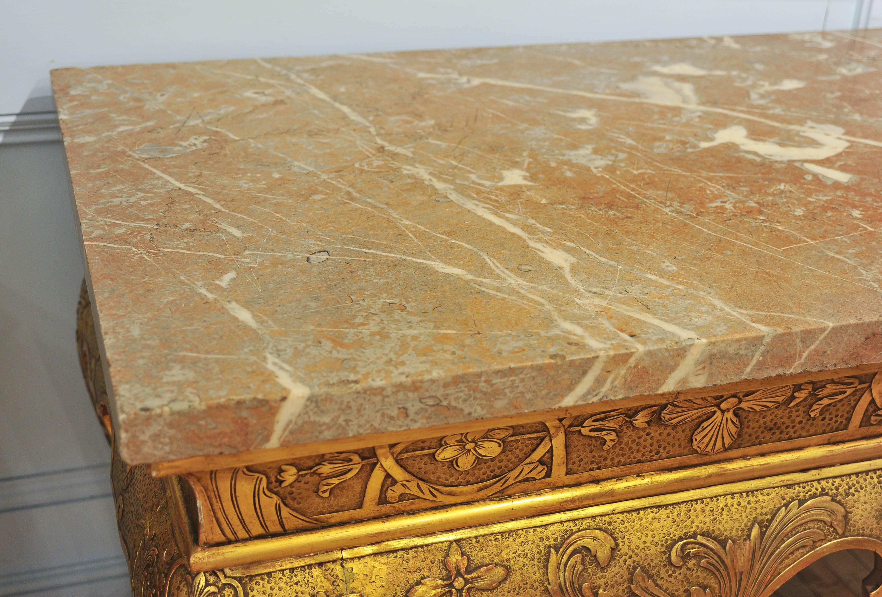 Giltwood Pair of Magnificent 19th Century Gilt Consoles with Substantial Marble Tops