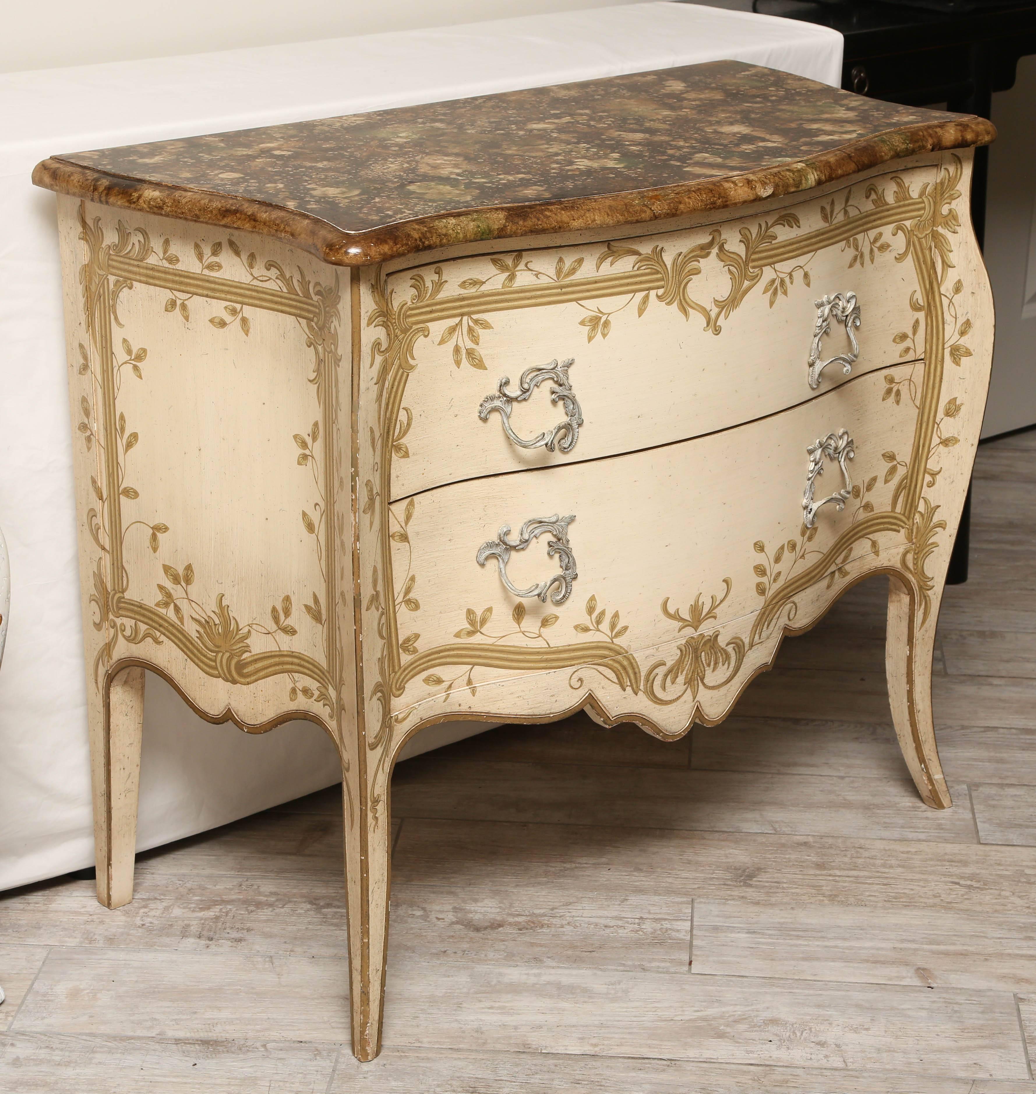 Lovely painted two-drawer chest with a leaf and trellis design.