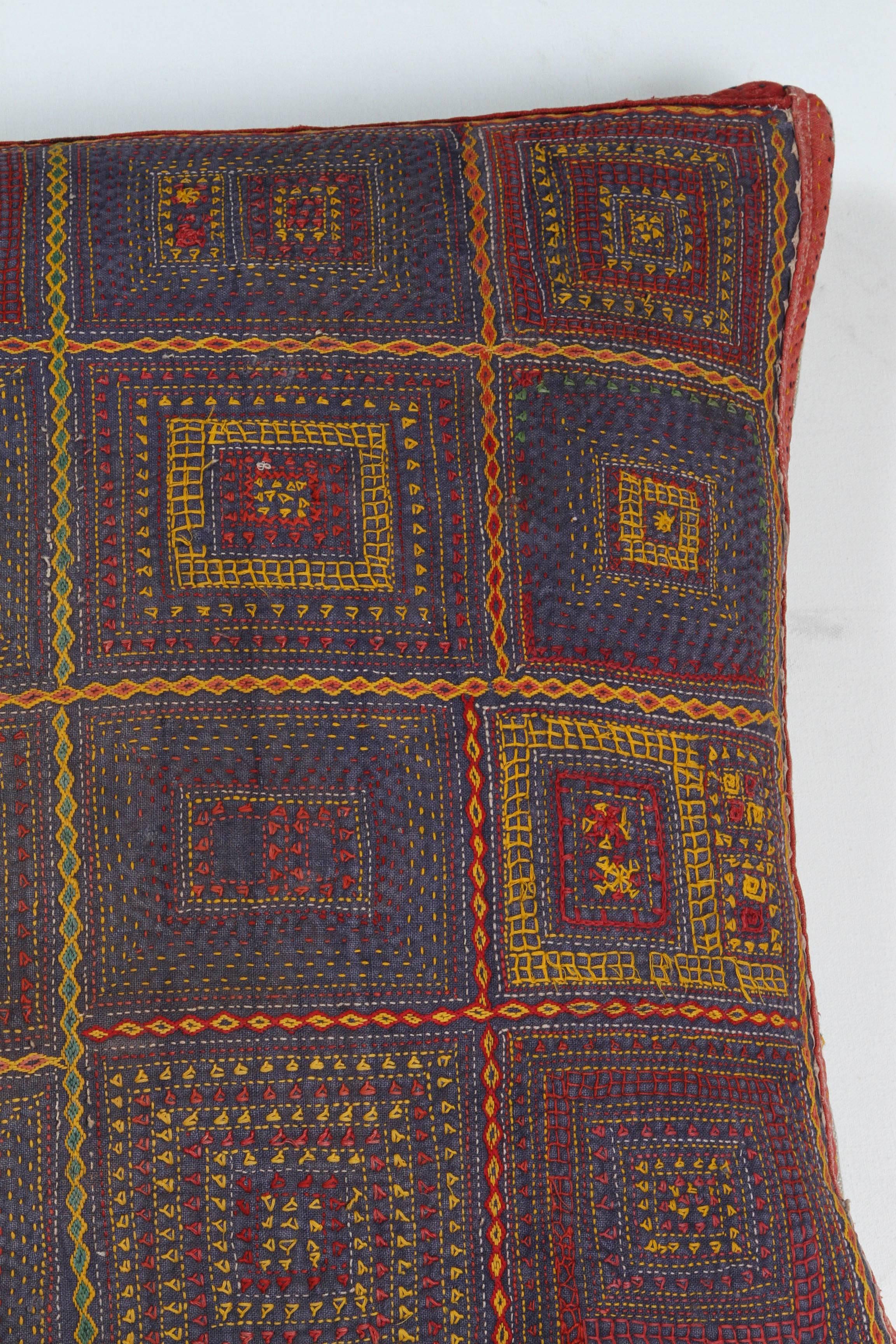 Indian Gujarati Embroidery Pillow, Geometric Motif, Blue, Orange, Yellow and Red For Sale