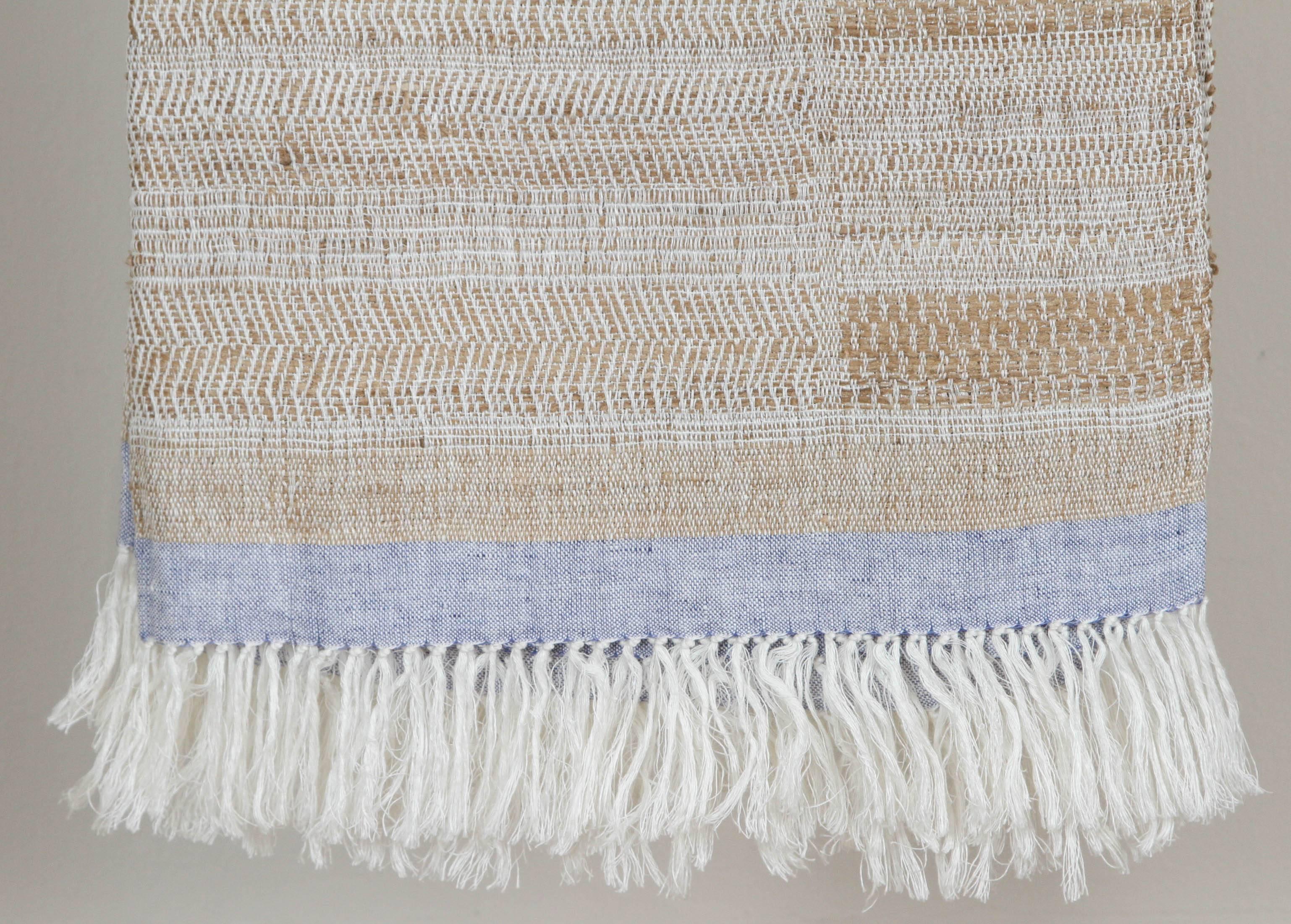 A contemporary line of cushions, pillows, throws, bedcovers, bedspreads and yardage handwoven in India on antique Jacquard looms. Handspun wool, cotton, linen, and raw silk give the textiles an appealing uneven quality.  The above throw is linen and