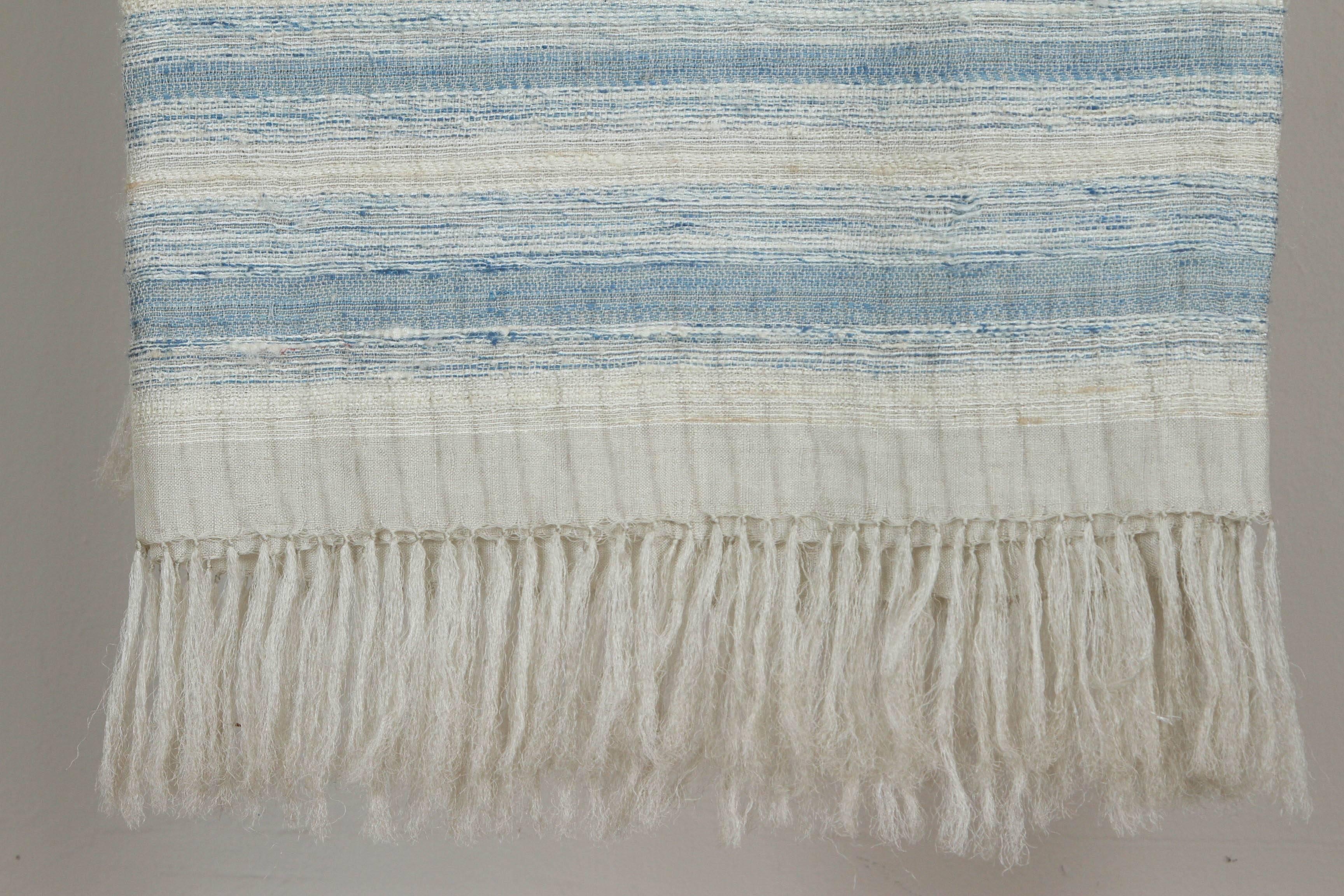 Hand-Woven Indian Handwoven Throw, Blue and White Stripes,  Raw Silk.  For Sale