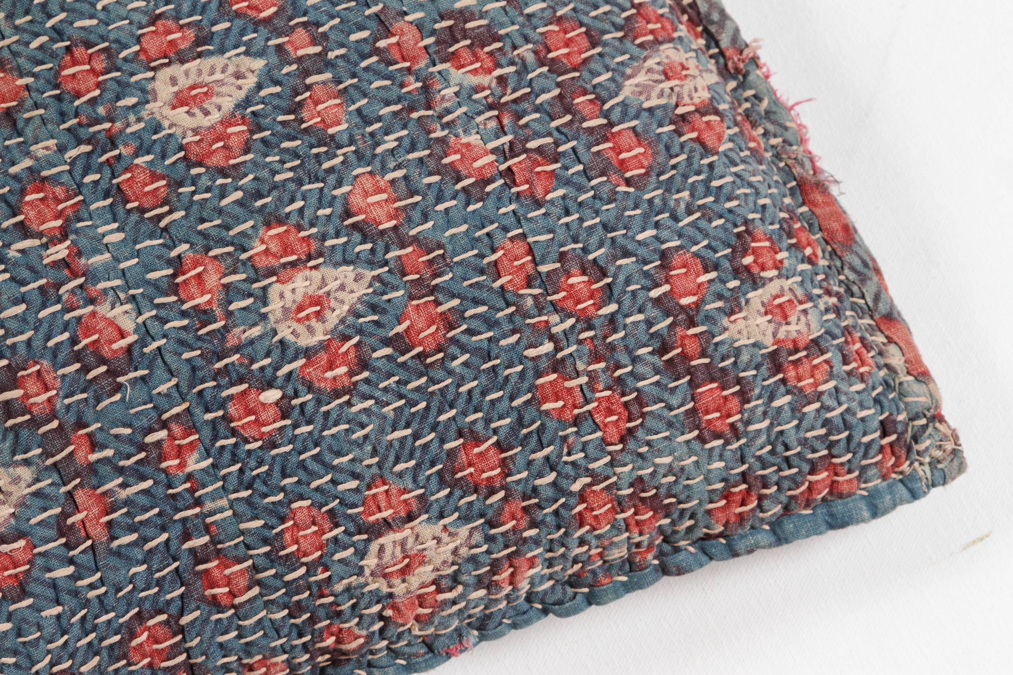 Indian Banjara Overstitch Pillow, Aqua Blue, Red, White Quilted Cotton