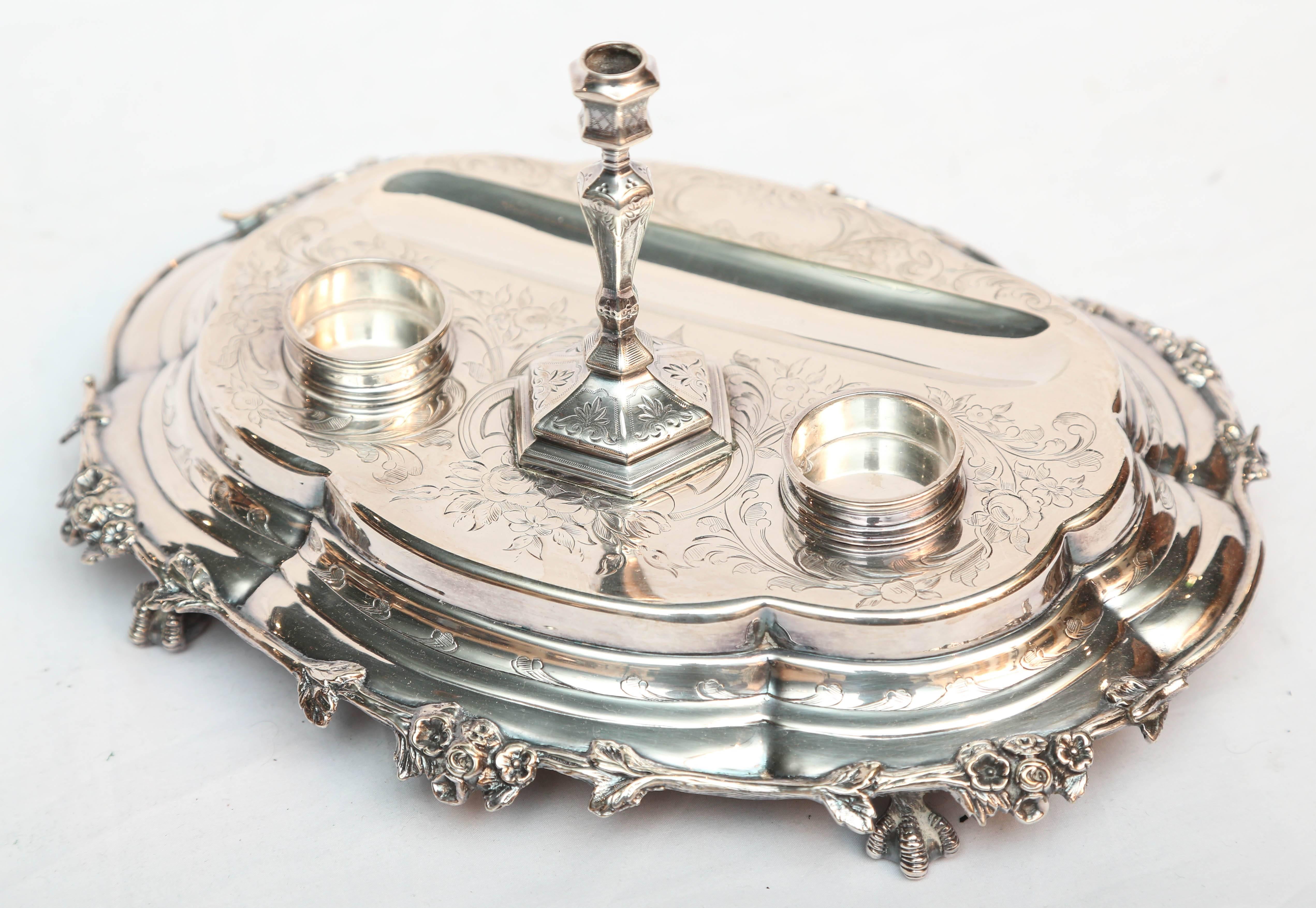19th Century Fine English Silvered and Sterling Inkstand