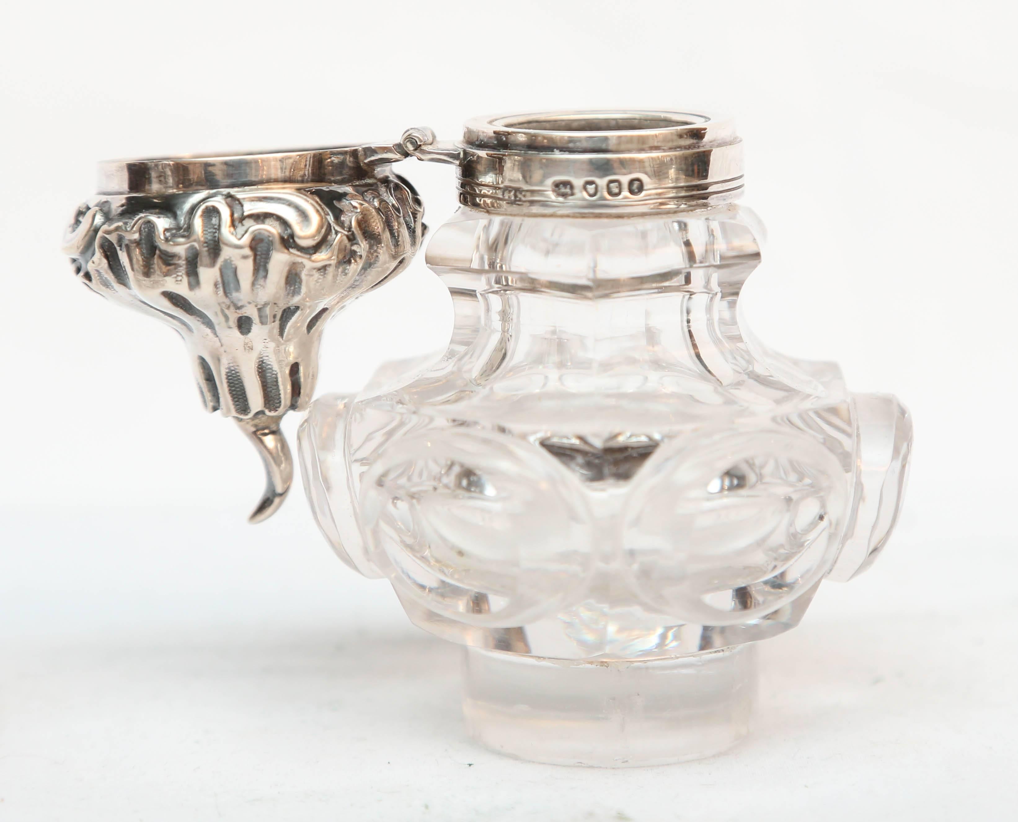 Glass Fine English Silvered and Sterling Inkstand