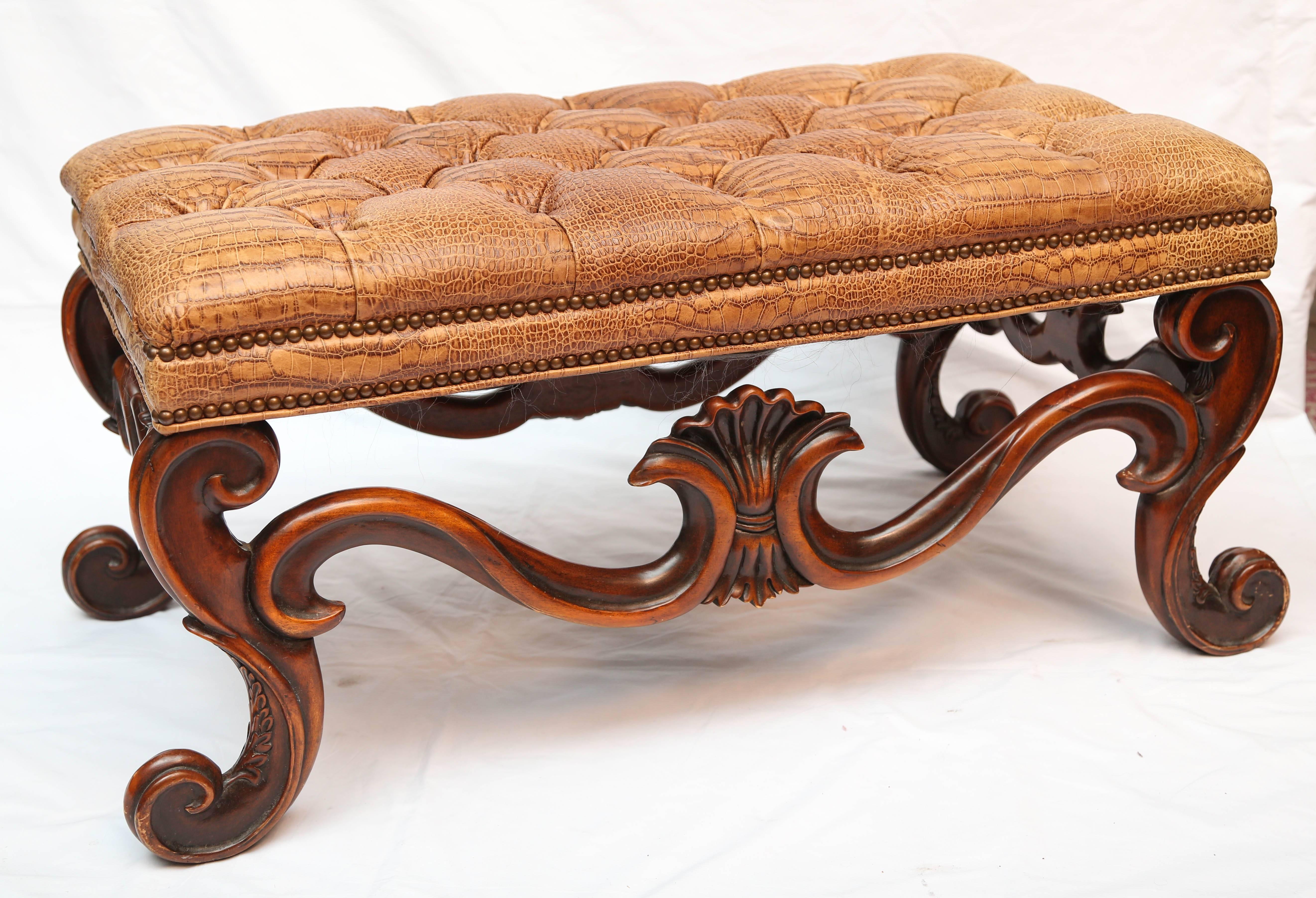 Stunning faux alligator upholstery, mellow patina, beautiful scale and style