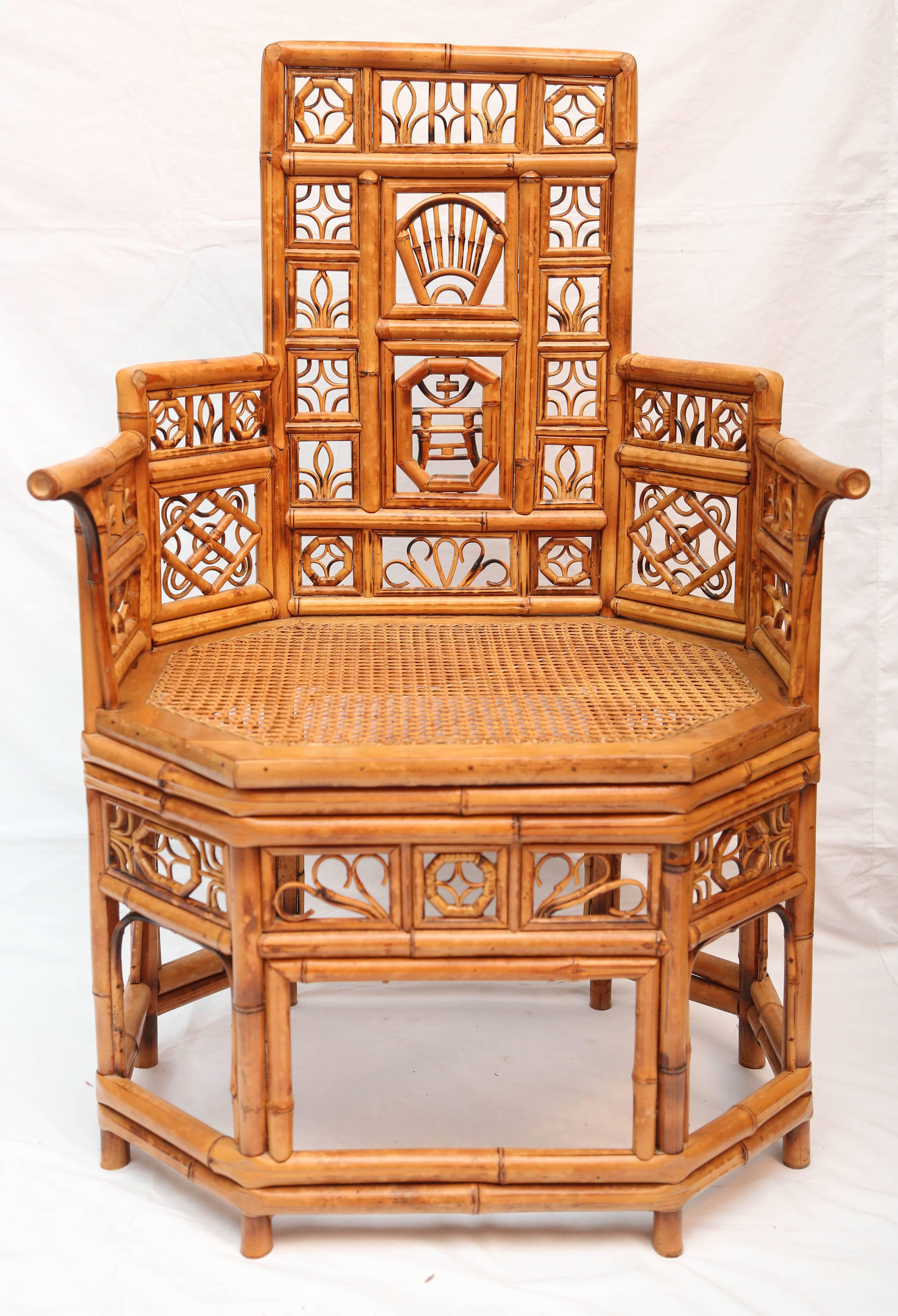 Elaborately detailed and generously scaled. They feature profuse lattice-like design, caned seats, and custom cushions.