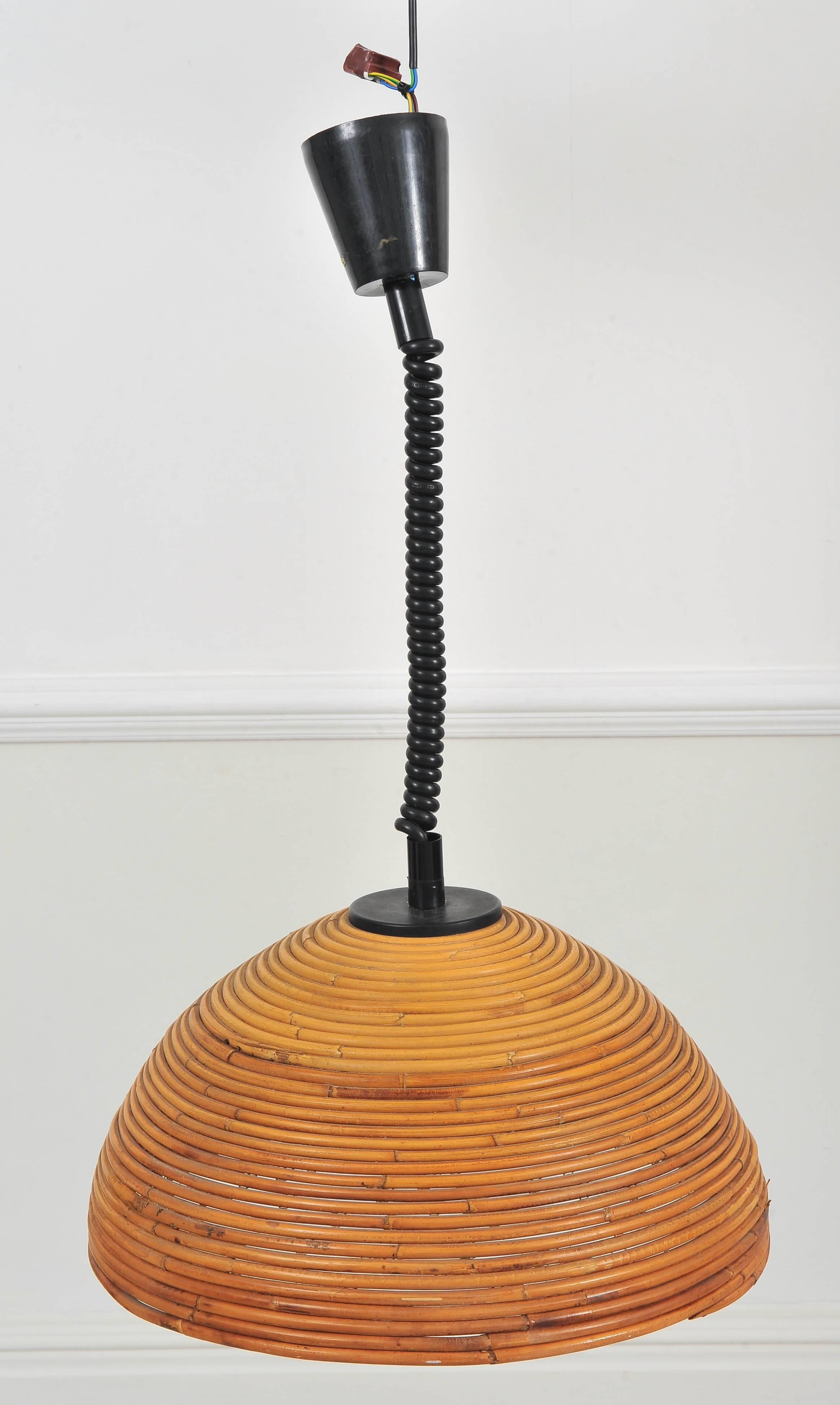 French Large 1960s Rise and Fall Rattan Pendant Light For Sale