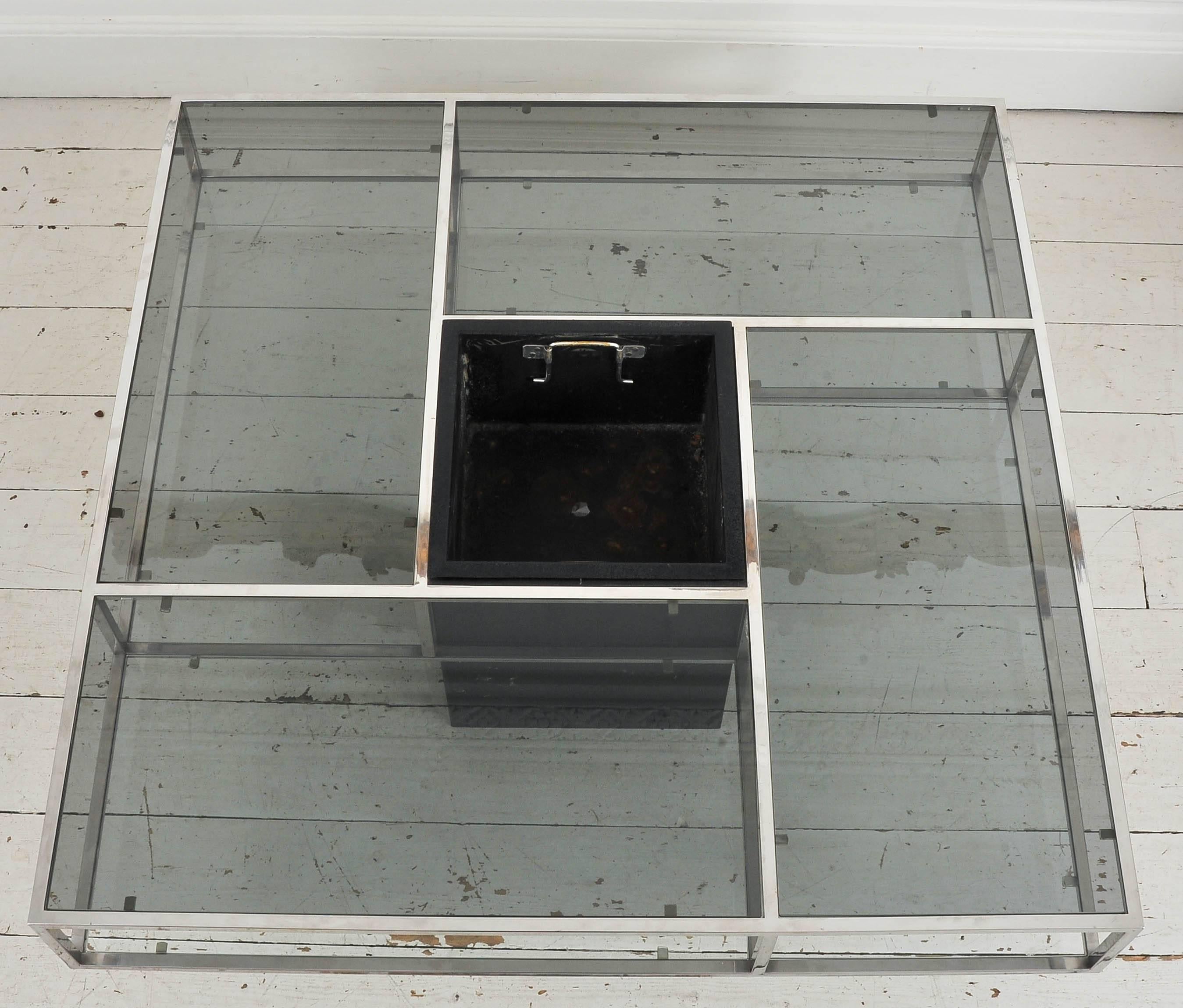 Large, Italian Square Smoked Glass and Chrome 1970s Coffee Table In Excellent Condition In Kent, GB