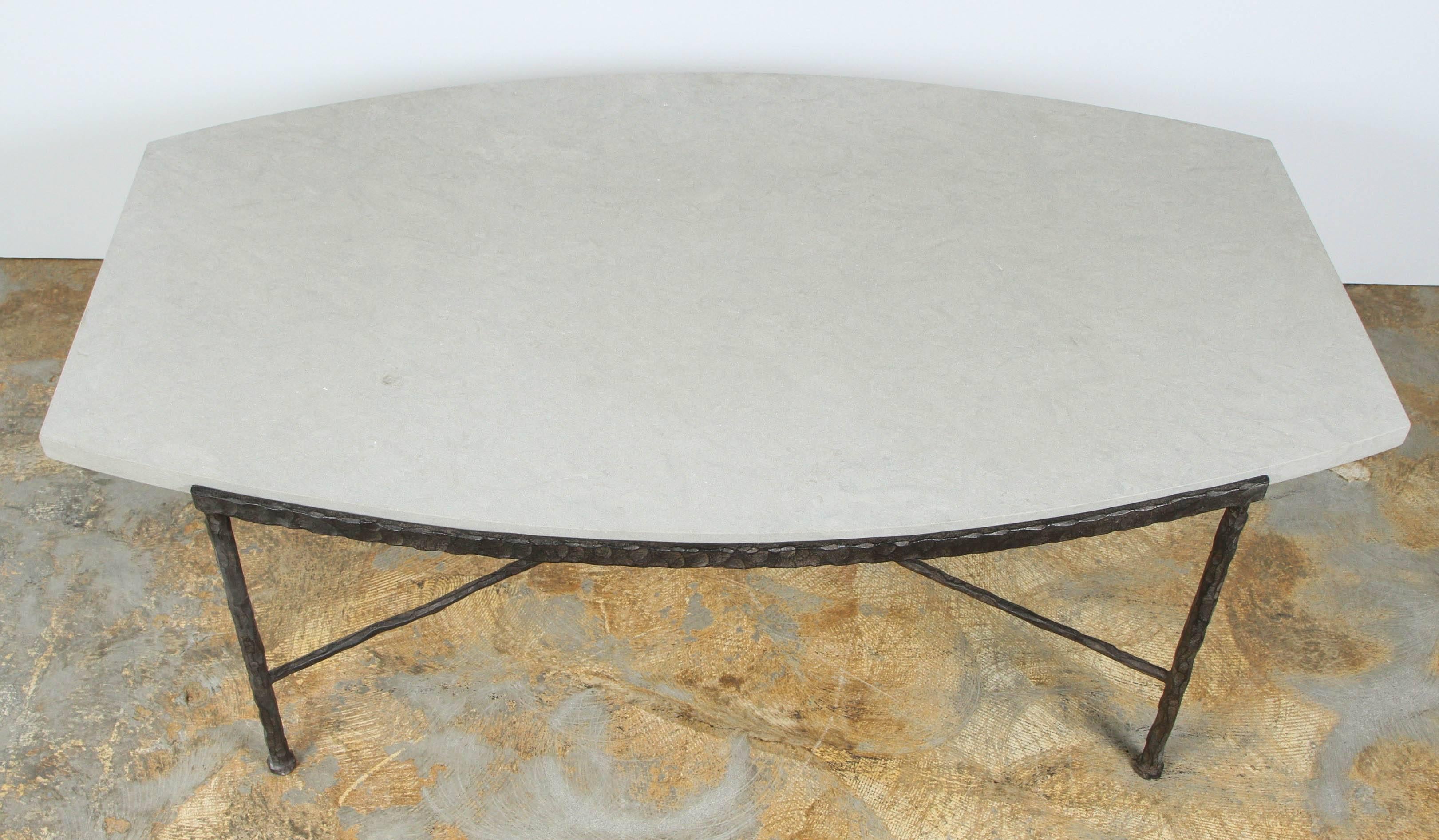 Contemporary Paul Marra Ellipse Cocktail Table in Textured Iron and Bateig Blue Stone For Sale