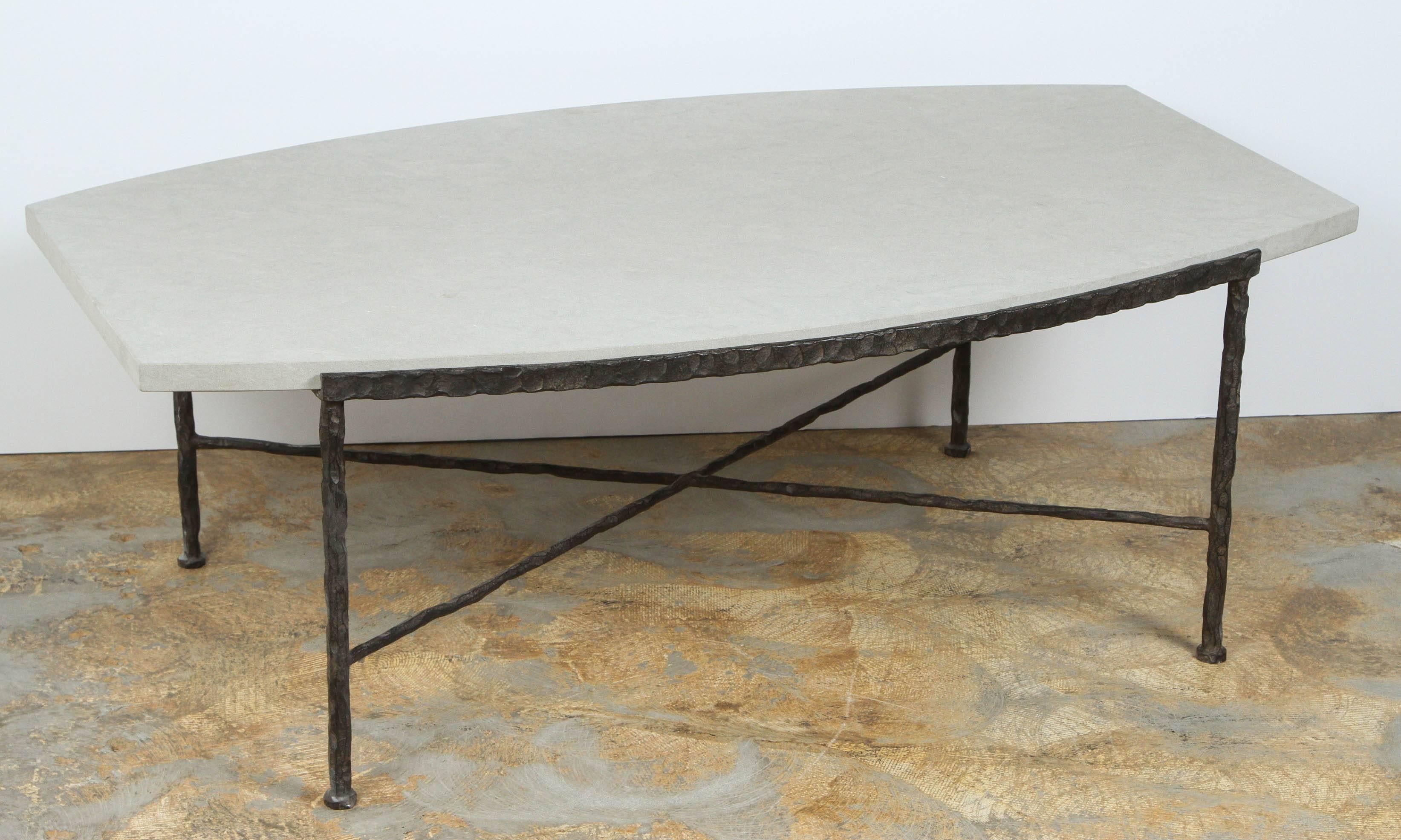 Paul Marra Ellipse Cocktail Table in Textured Iron and Bateig Blue Stone For Sale 3
