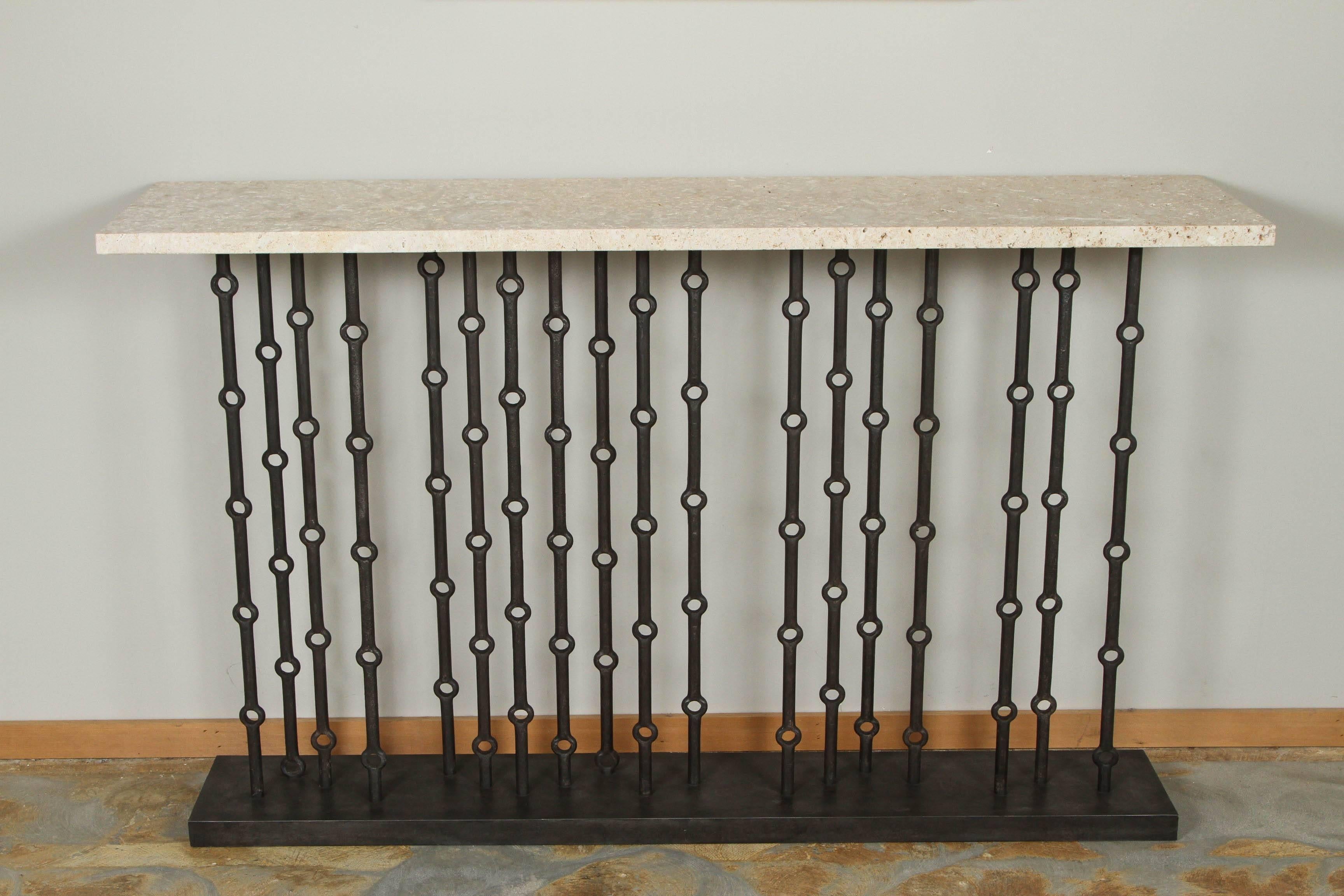 Paul Marra Iron Console with shellstone top. Modern, sculptural Brutalist console referencing Mid-Century design. By order.  Note that the stone has natural imperfections indicative of the material. Please request photo of Italian Shellstone Pietra. 