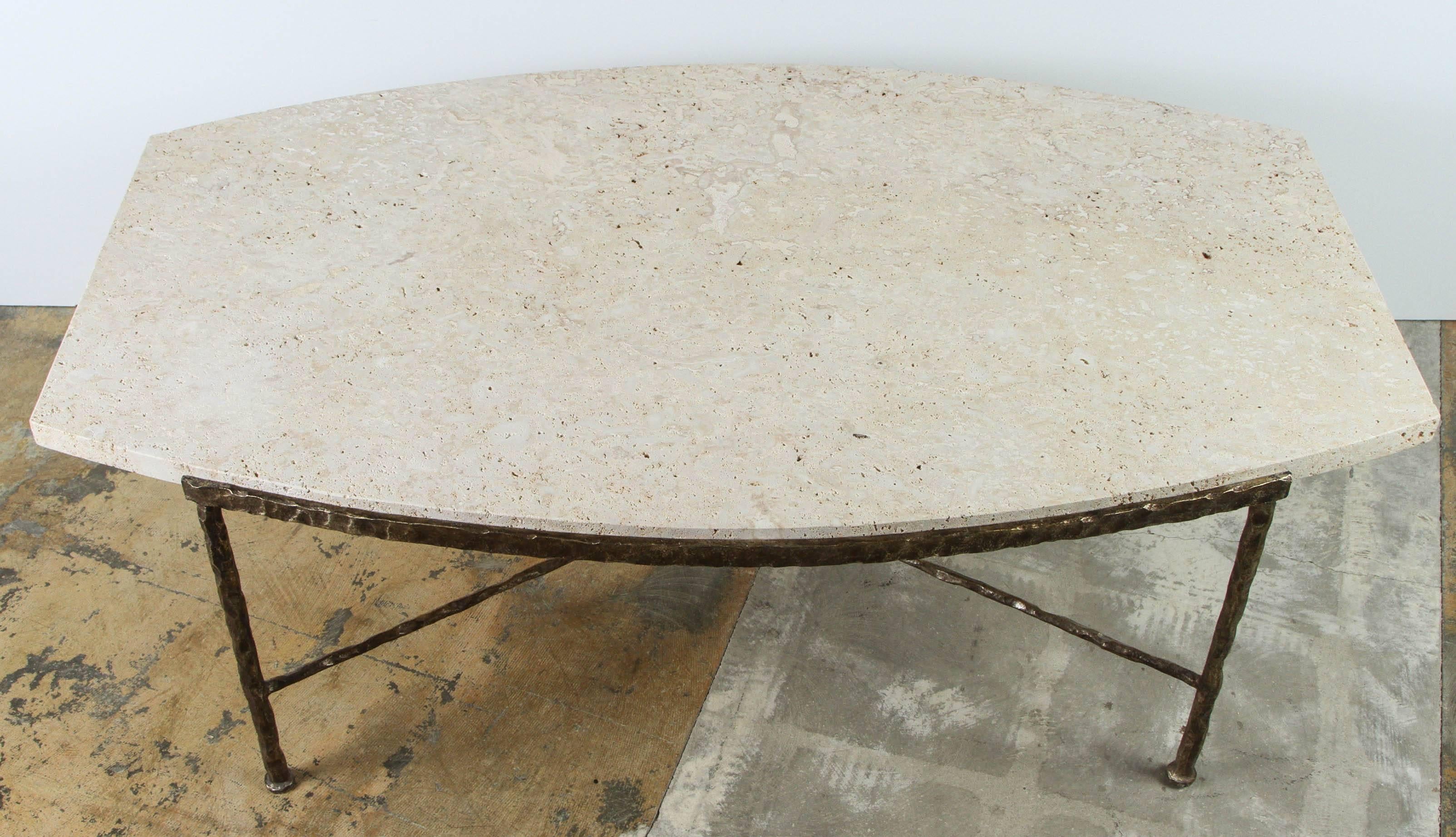 Modern Paul Marra Ellipse Cocktail Table in Textured Gold Iron and Stone For Sale