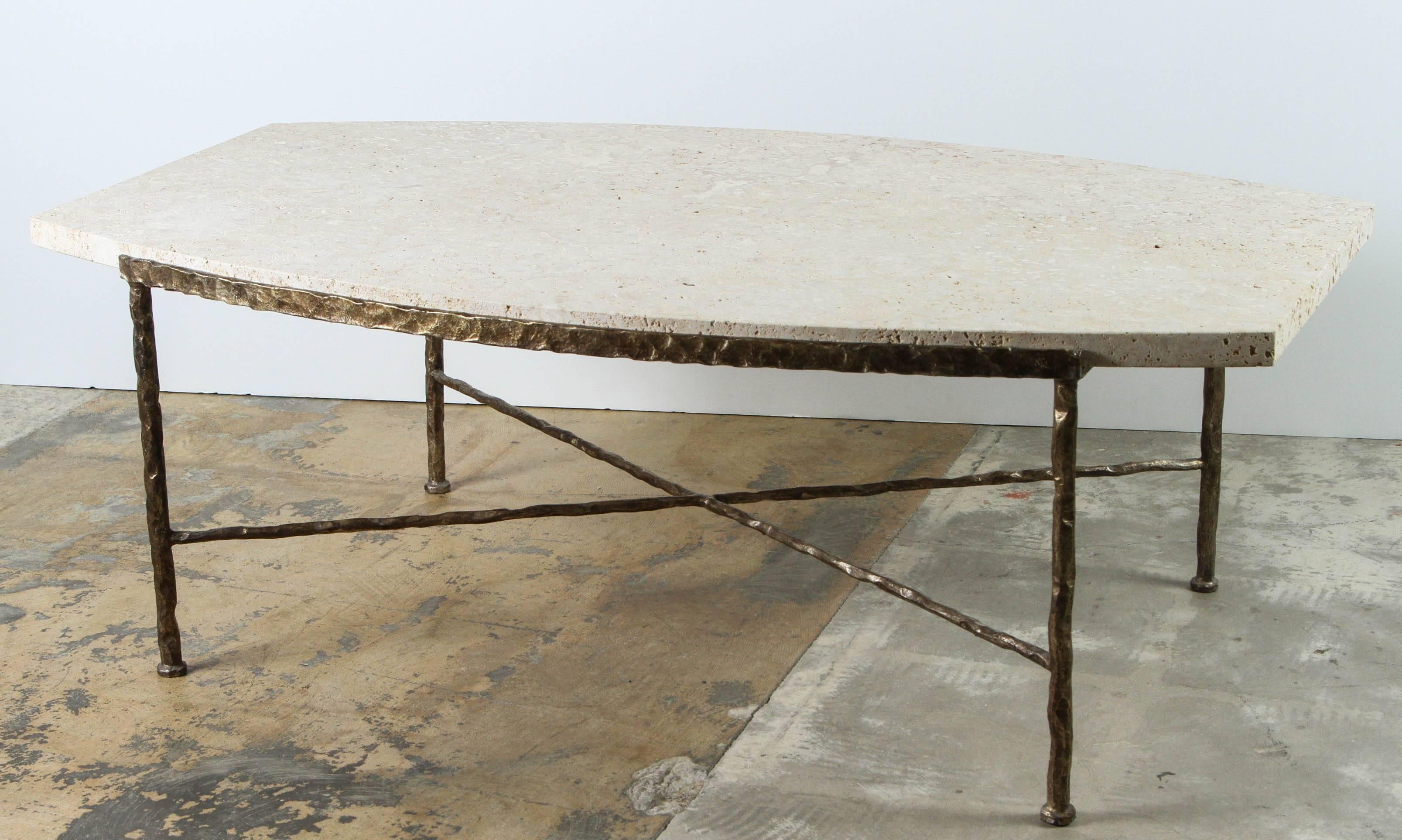 Paul Marra Ellipse Cocktail Table in Textured Gold Iron and Stone For Sale 2