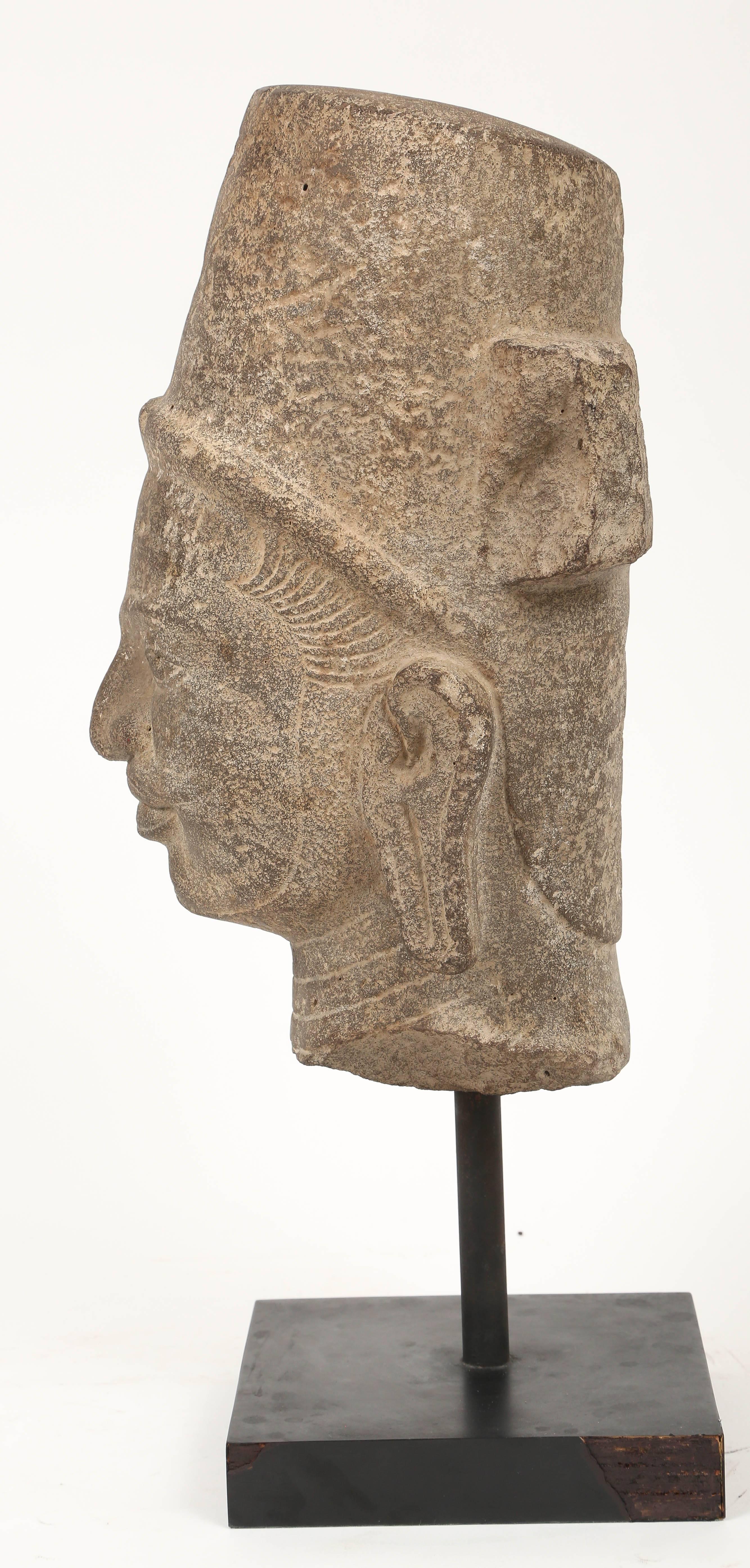 Archaistic Sandstone Head of Vishnu, 7th century Phnom Da Style, Cambodia