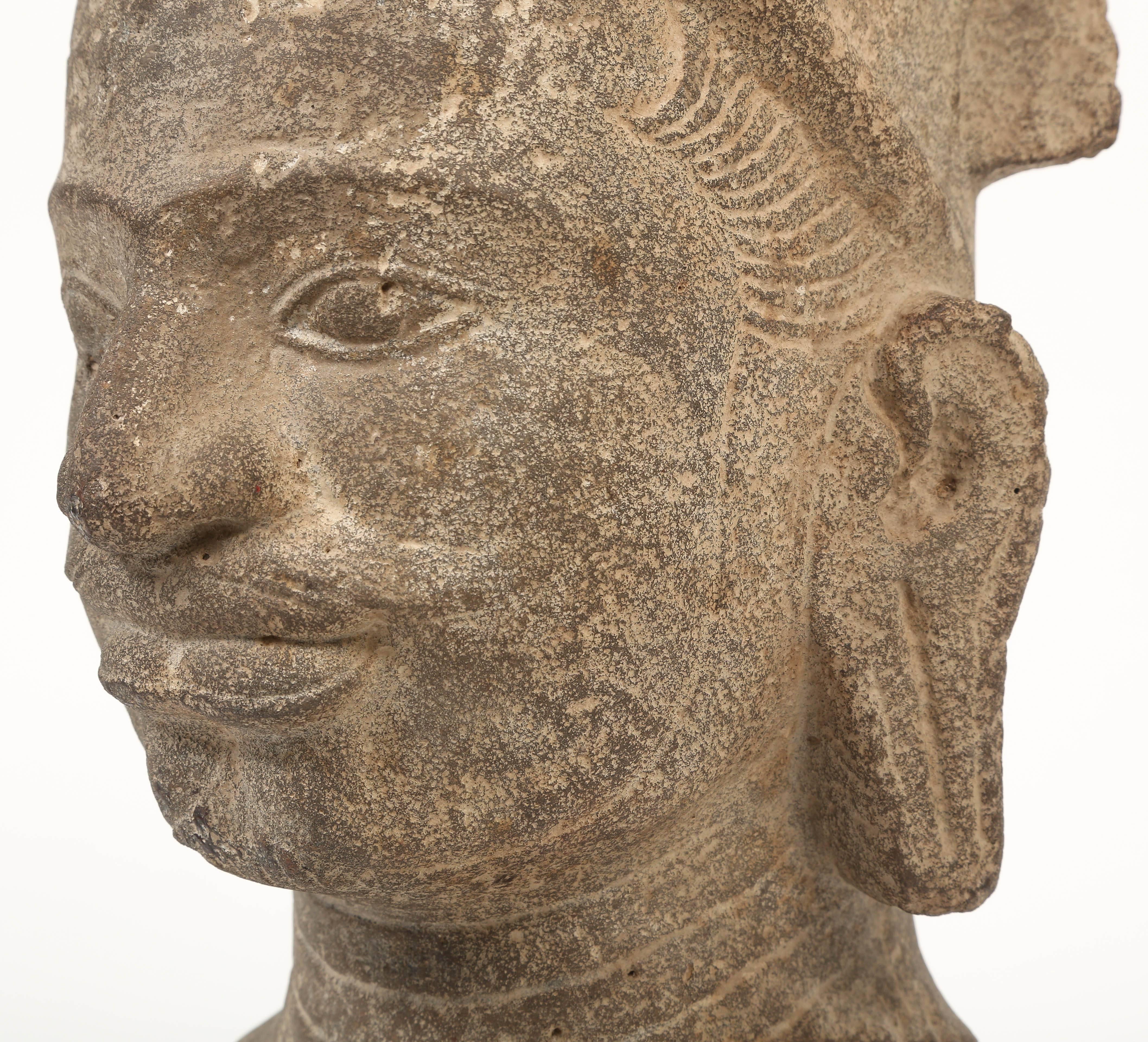 Sandstone Head of Vishnu, 7th century Phnom Da Style, Cambodia In Distressed Condition In Kensington, MD